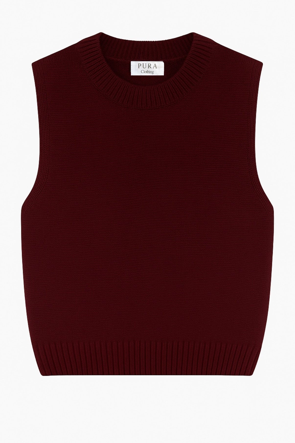 Maroon sweater vest with 'Pura' label on a white background