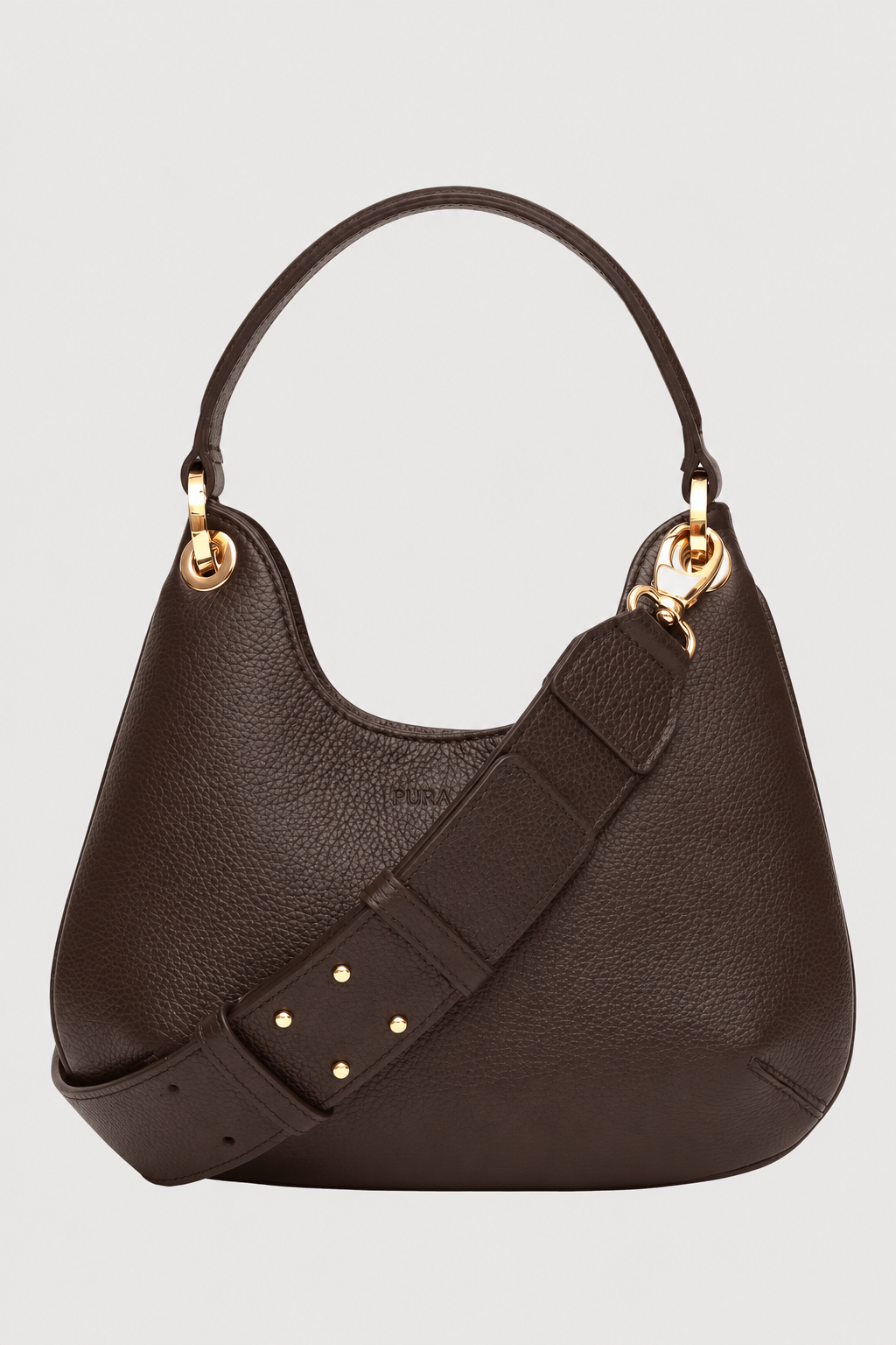 A dark brown pebbled leather hobo handbag with a matching shoulder strap, gold-tone hardware, and a subtle embossed logo on the front, shown against a light gray background.