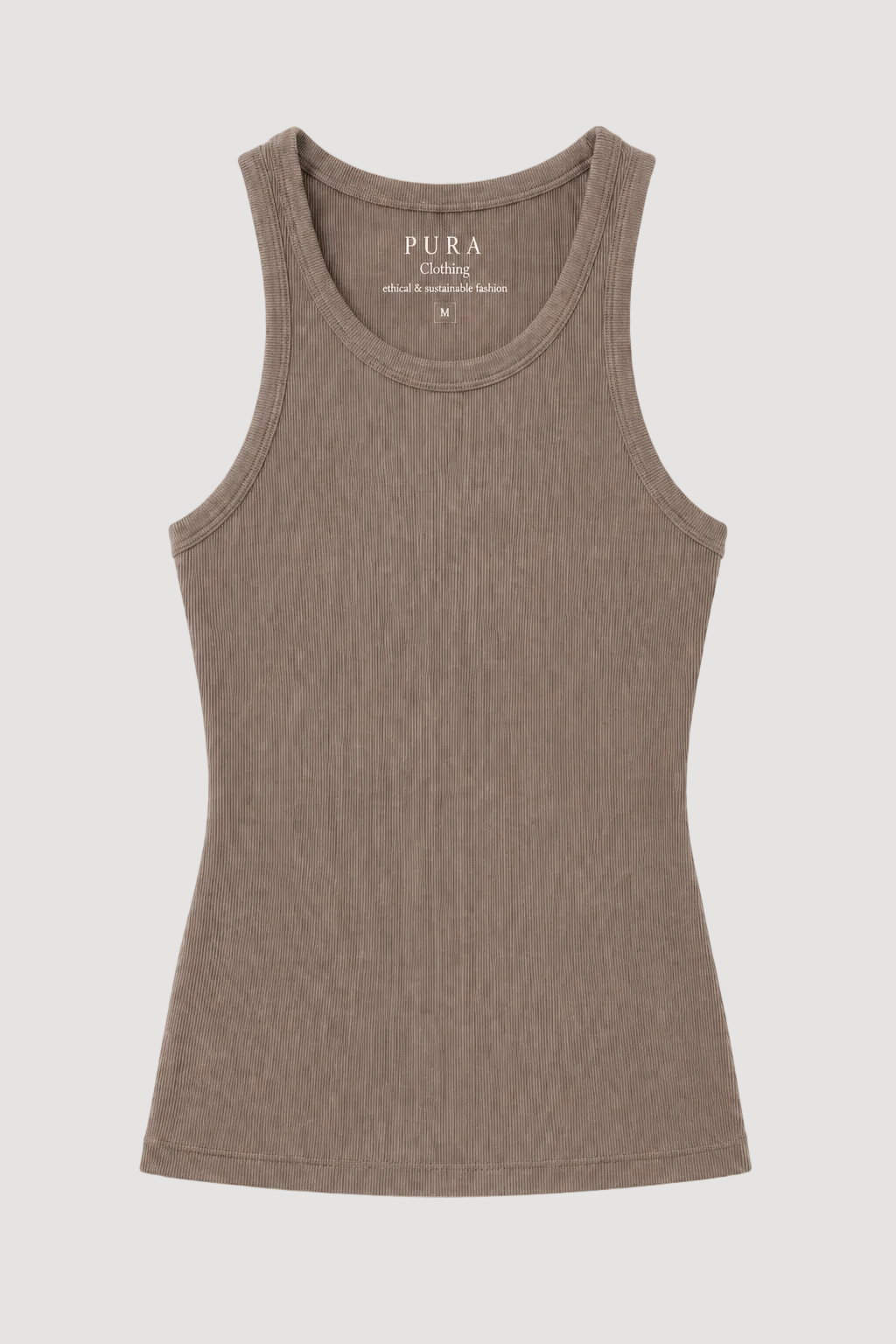 A sleeveless ribbed tank top in a muted taupe-brown color, shown flat against a clean white background. The brand name 'PURA Clothing' is printed inside the collar.