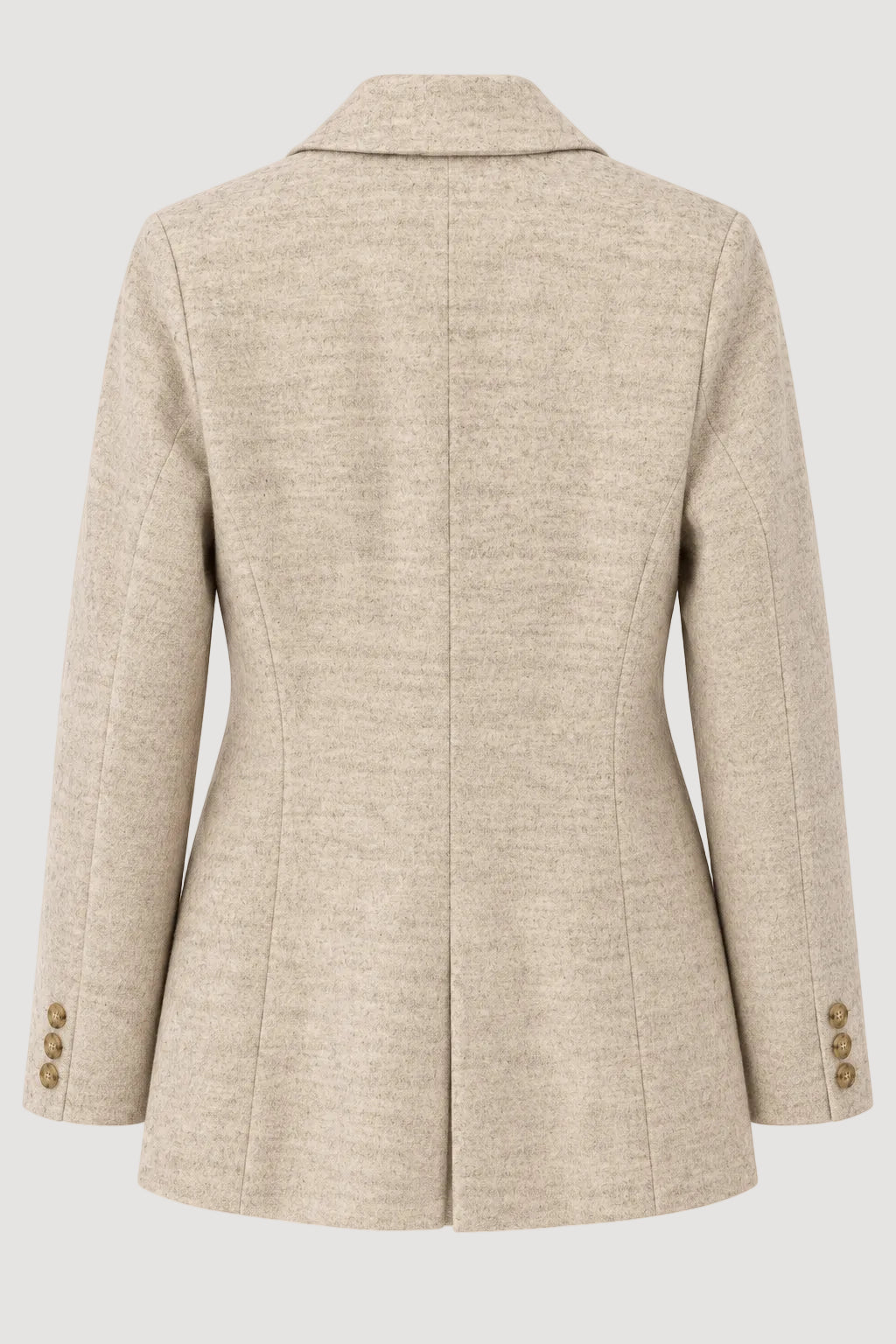 A beige textured wool blazer shown from the back, featuring a structured collar, center back seam, and decorative brown buttons on the cuffs.