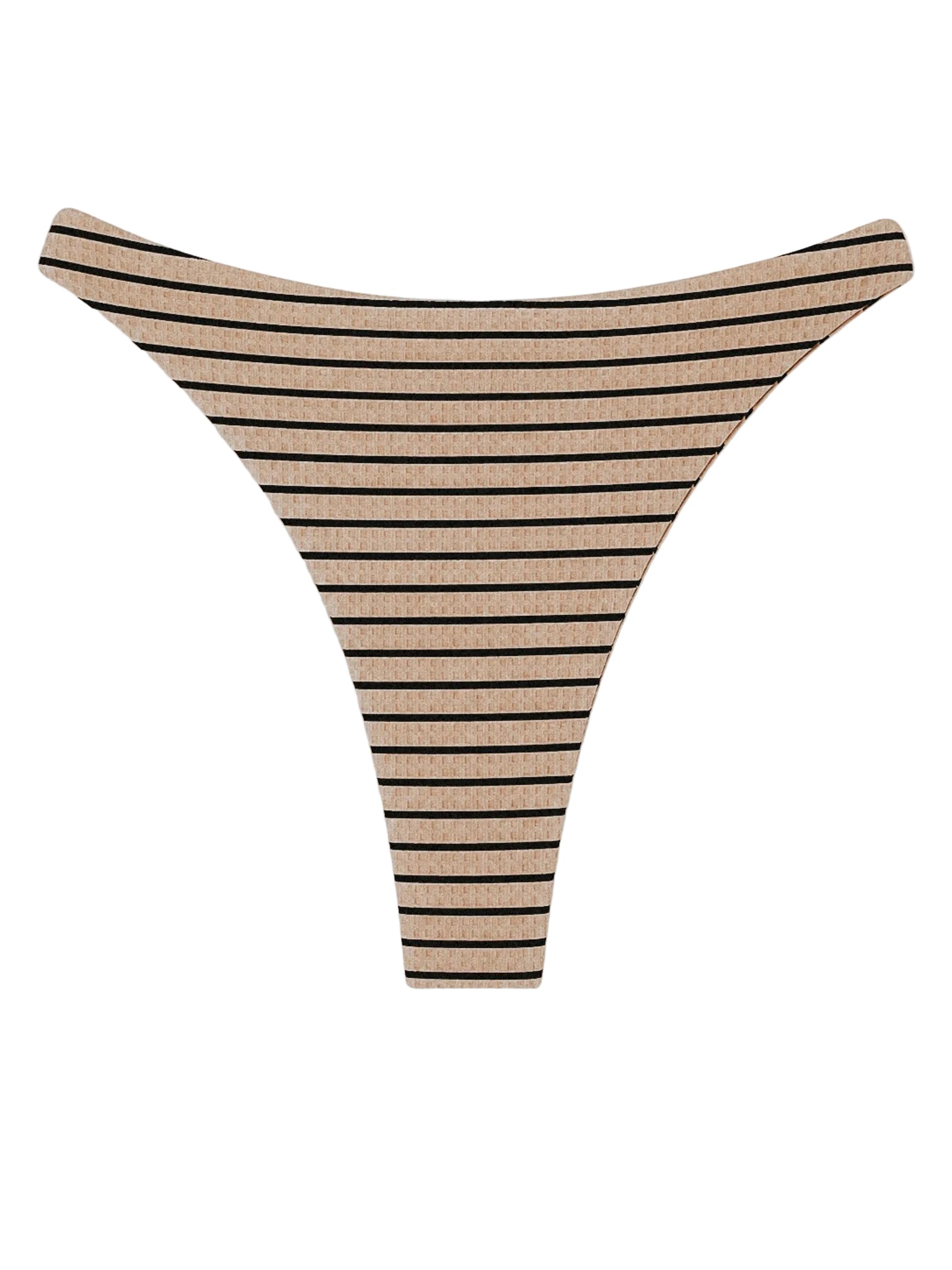 A HIGH-rise, thong-style bikini bottom with horizontal black stripes on a beige ribbed knit fabric, shown flat against a light gray background.
