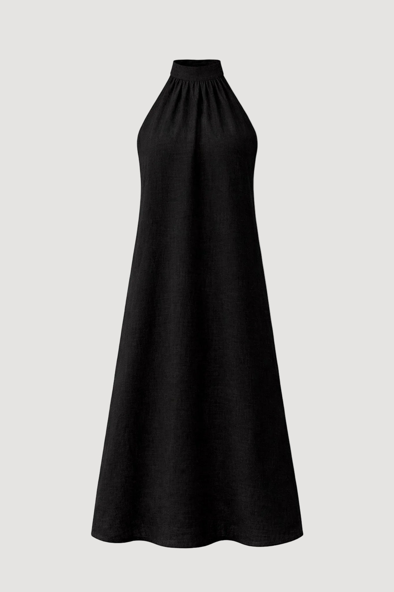 Black halter neck dress on a white background