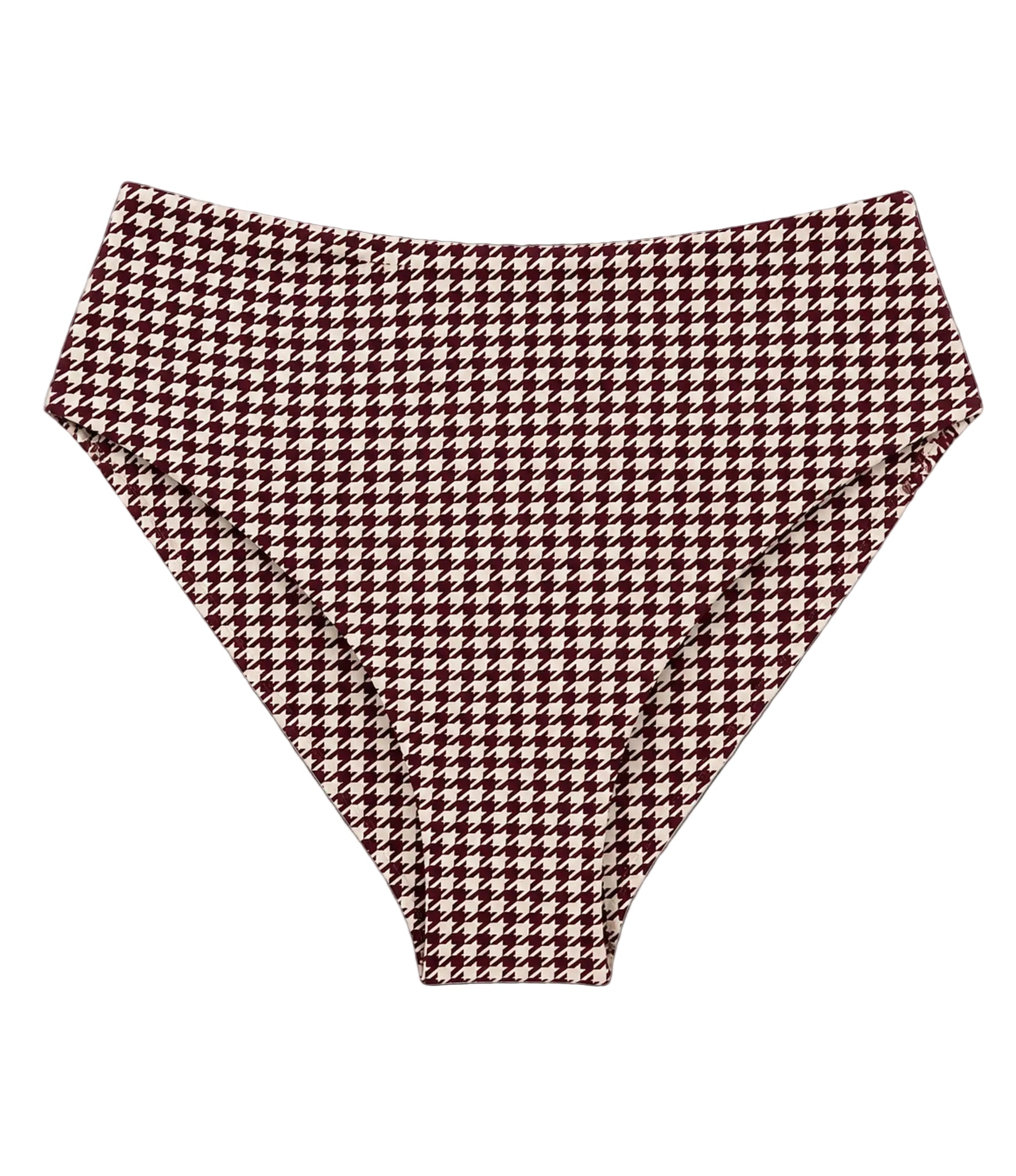 A pair of high-waisted bikini bottoms featuring a classic burgundy and white houndstooth pattern, presented flat against a clean white background.