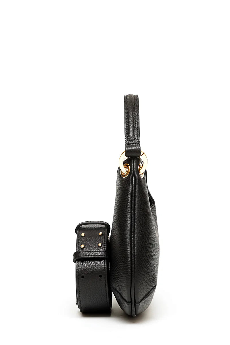 Black handbag with gold accents on a white background