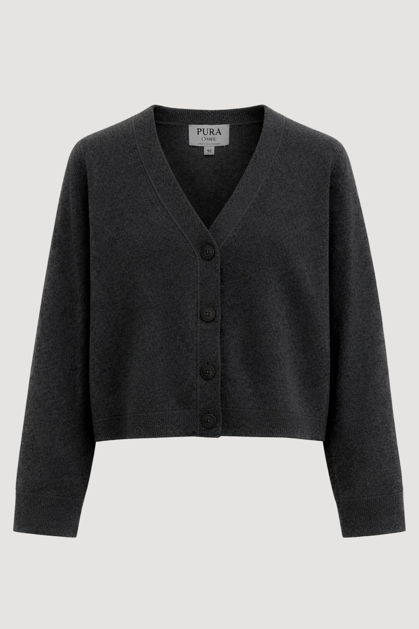 Dark gray cardigan with buttons on a white background