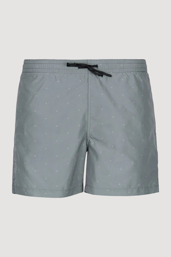 A pair of gray HONU swim shorts with side pockets and a drawstring waistband.