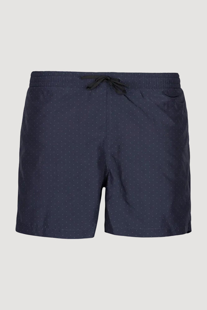 Navy colored swim shorts with a drawstring waistband.