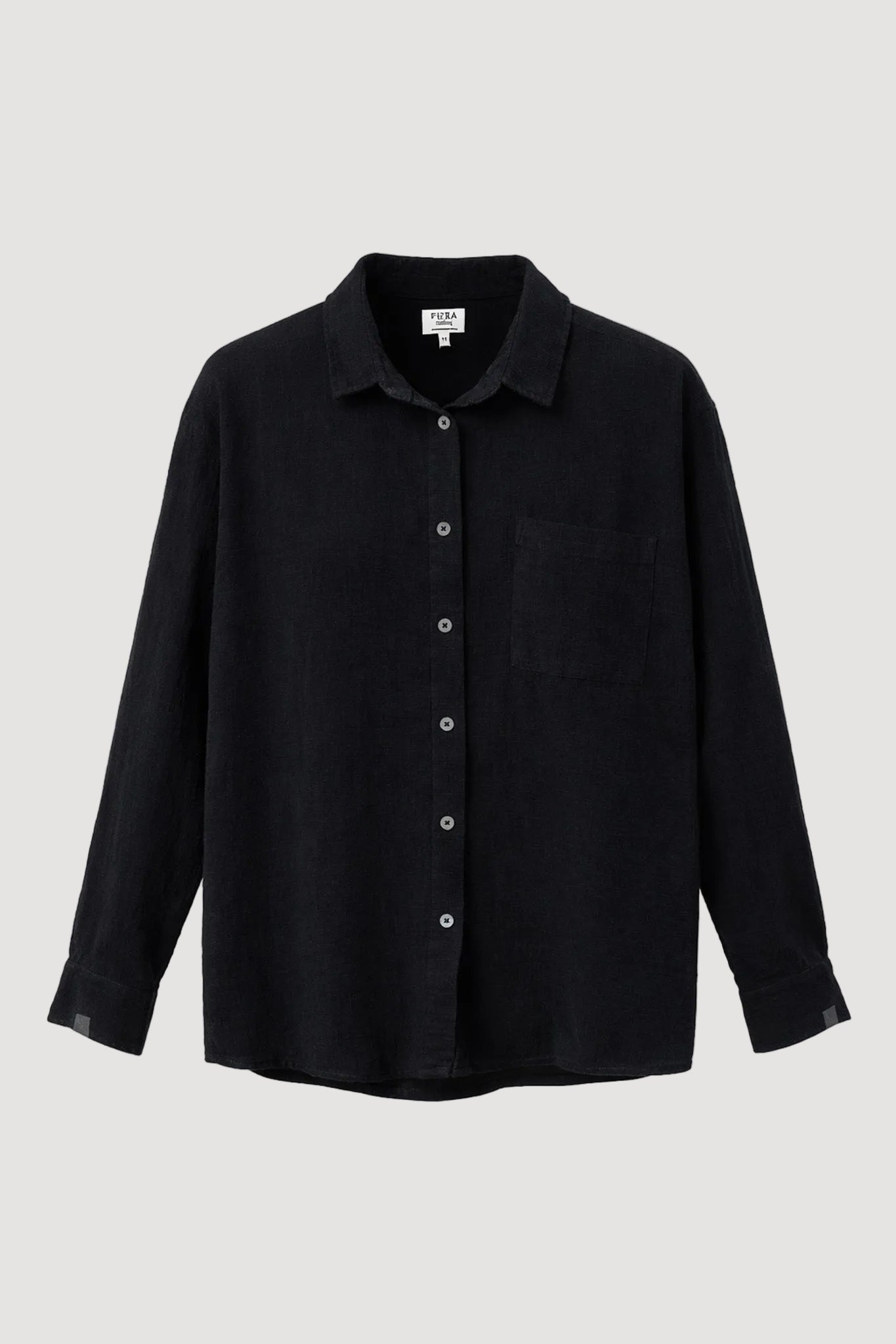 Black button-up shirt on a white background