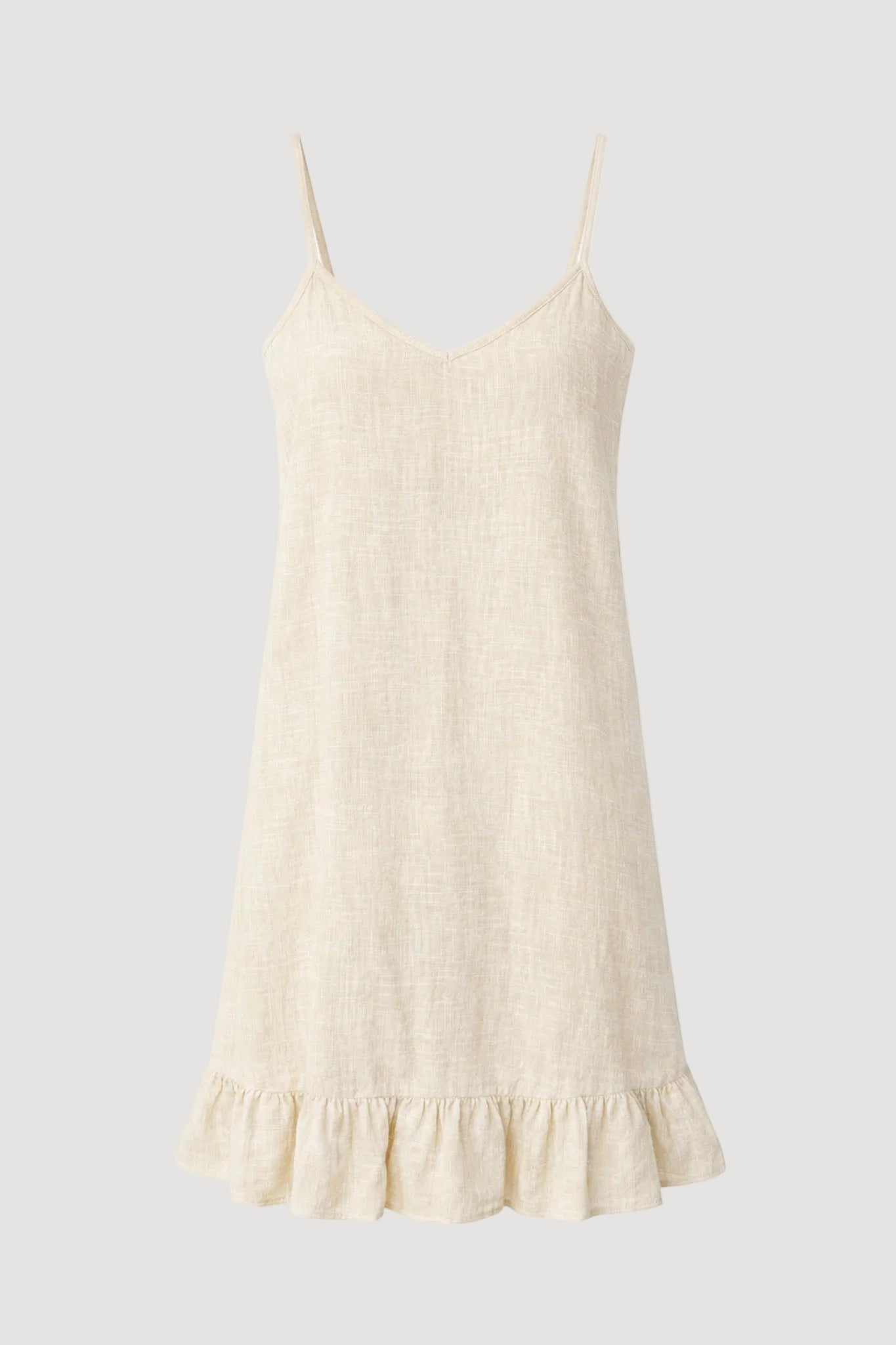 Beige slip dress with ruffled hem on a white background