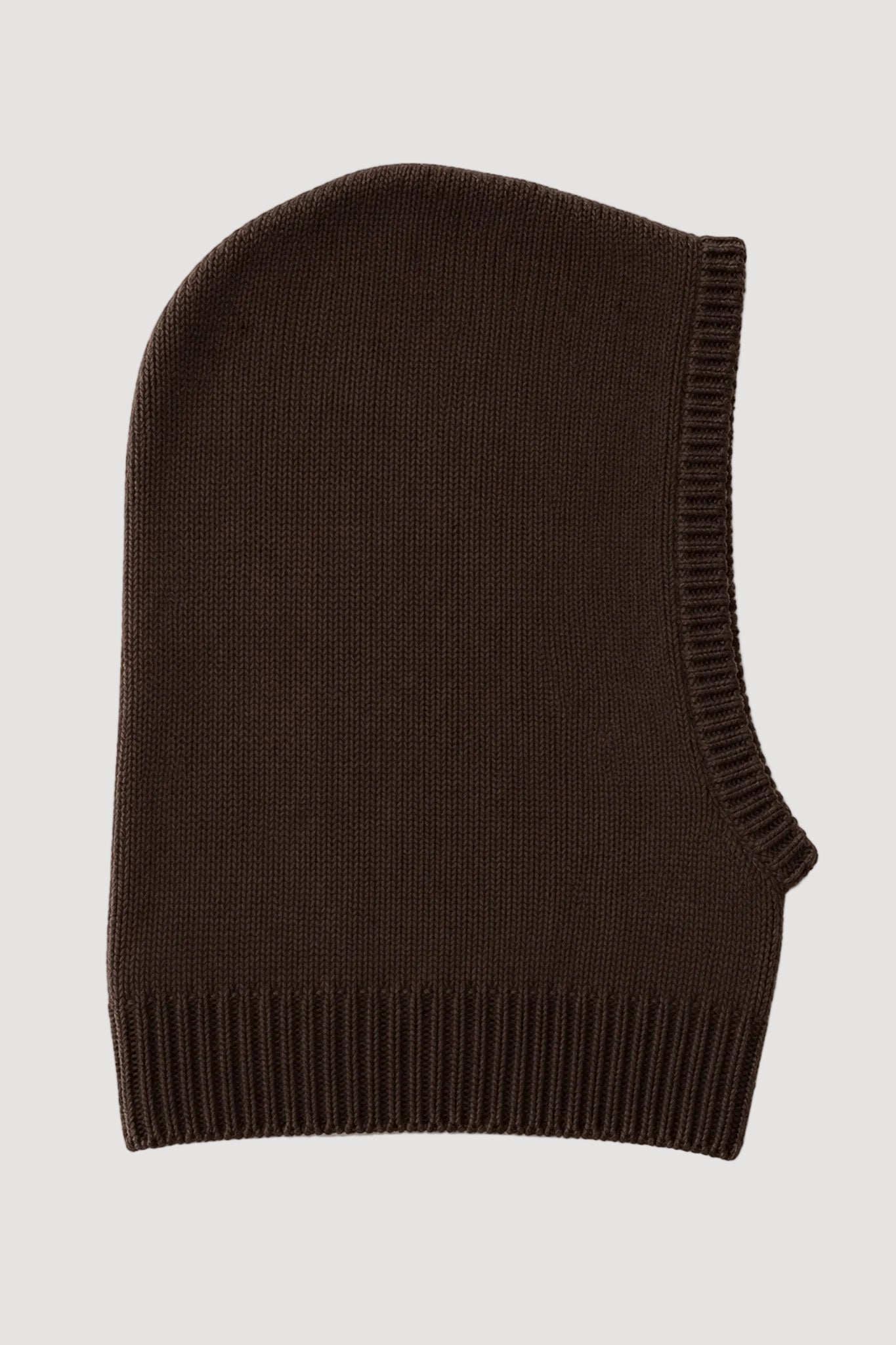 A dark brown knit balaclava or hood with ribbed trim, shown flat against a white background.