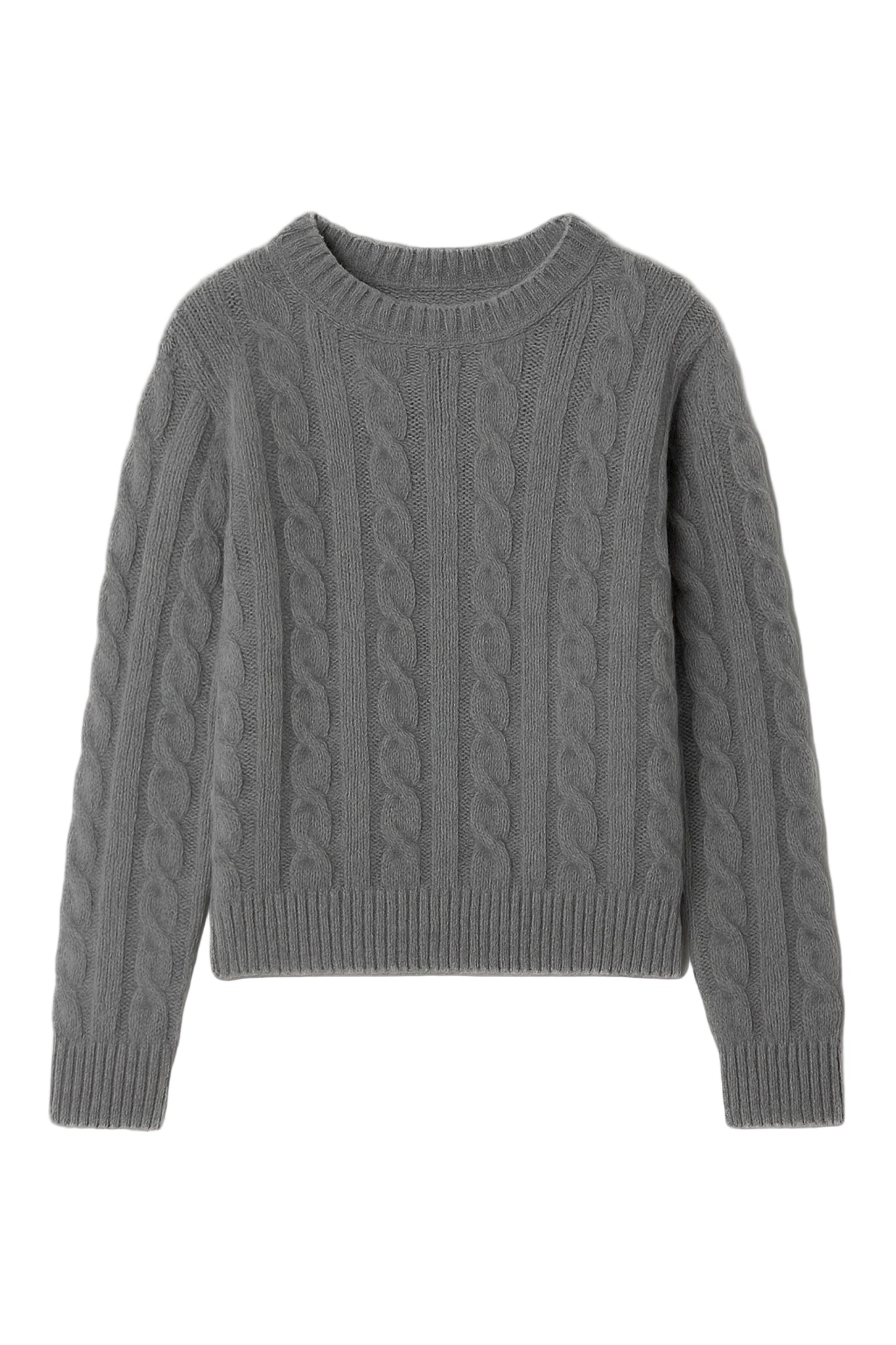 Gray cable knit sweater on a white background