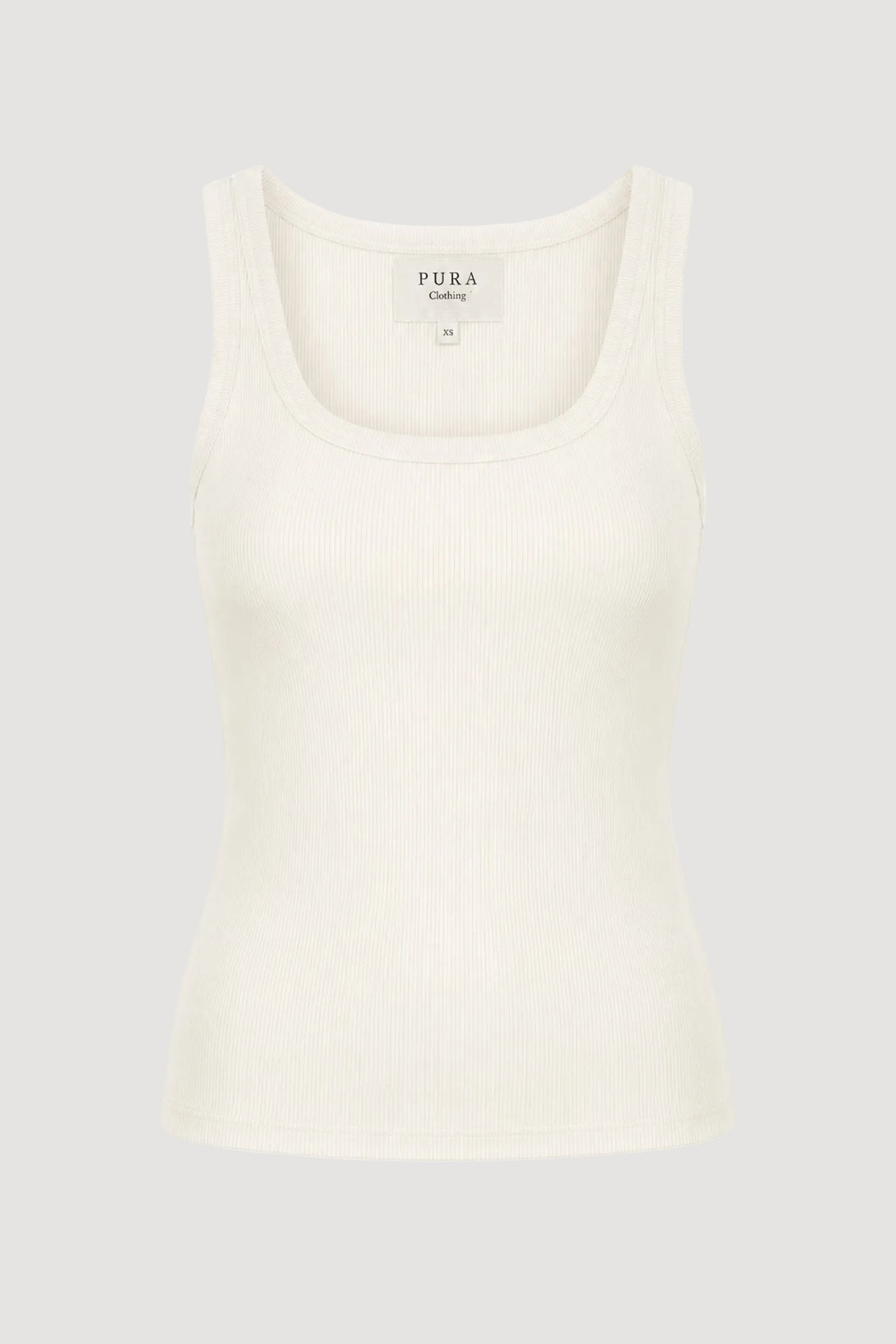 An off-white ribbed tank top with a scoop neck, displayed on a clean white background. The brand label 'PURA CLOTHING' is visible inside the collar.