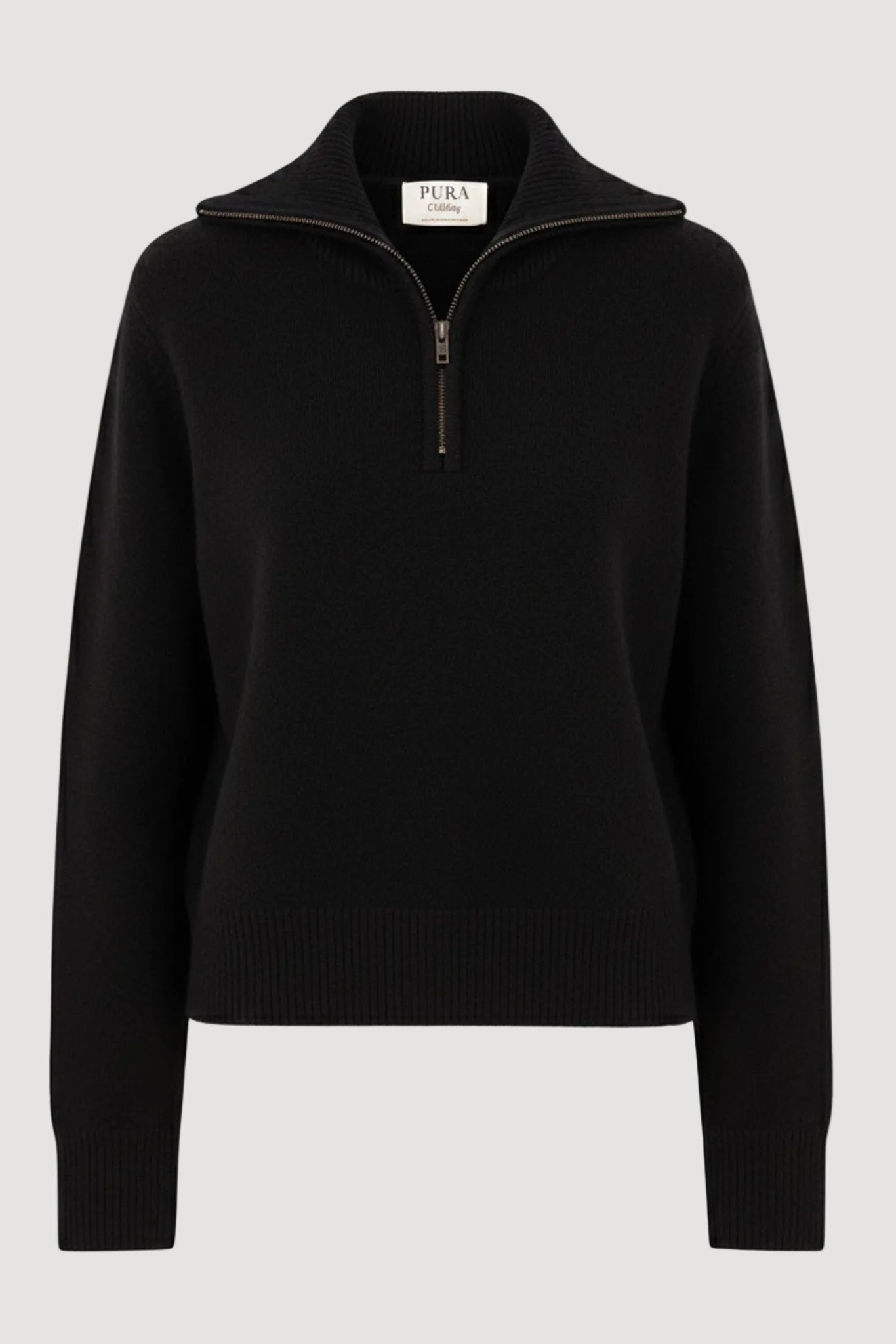 Black pullover with a quarter zip on a white background