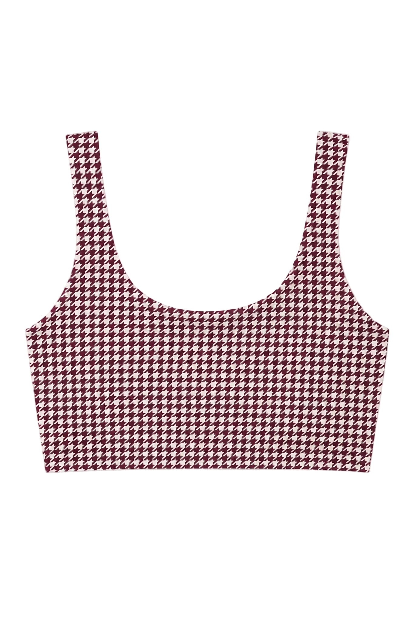 A women's scoop-neck crop top featuring a classic houndstooth pattern in burgundy and white, displayed flat against a solid white background.