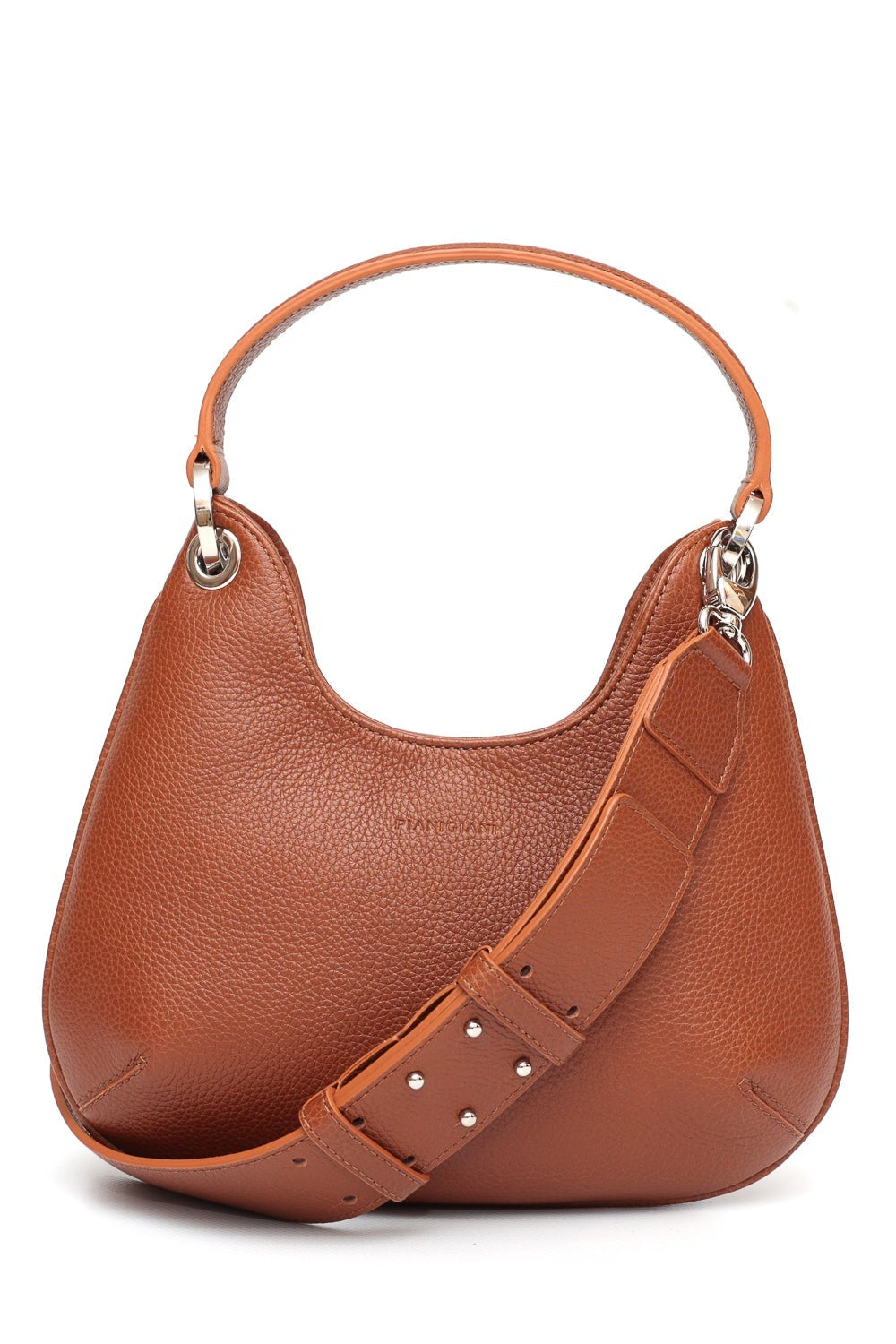 Brown leather handbag with a shoulder strap on a white background
