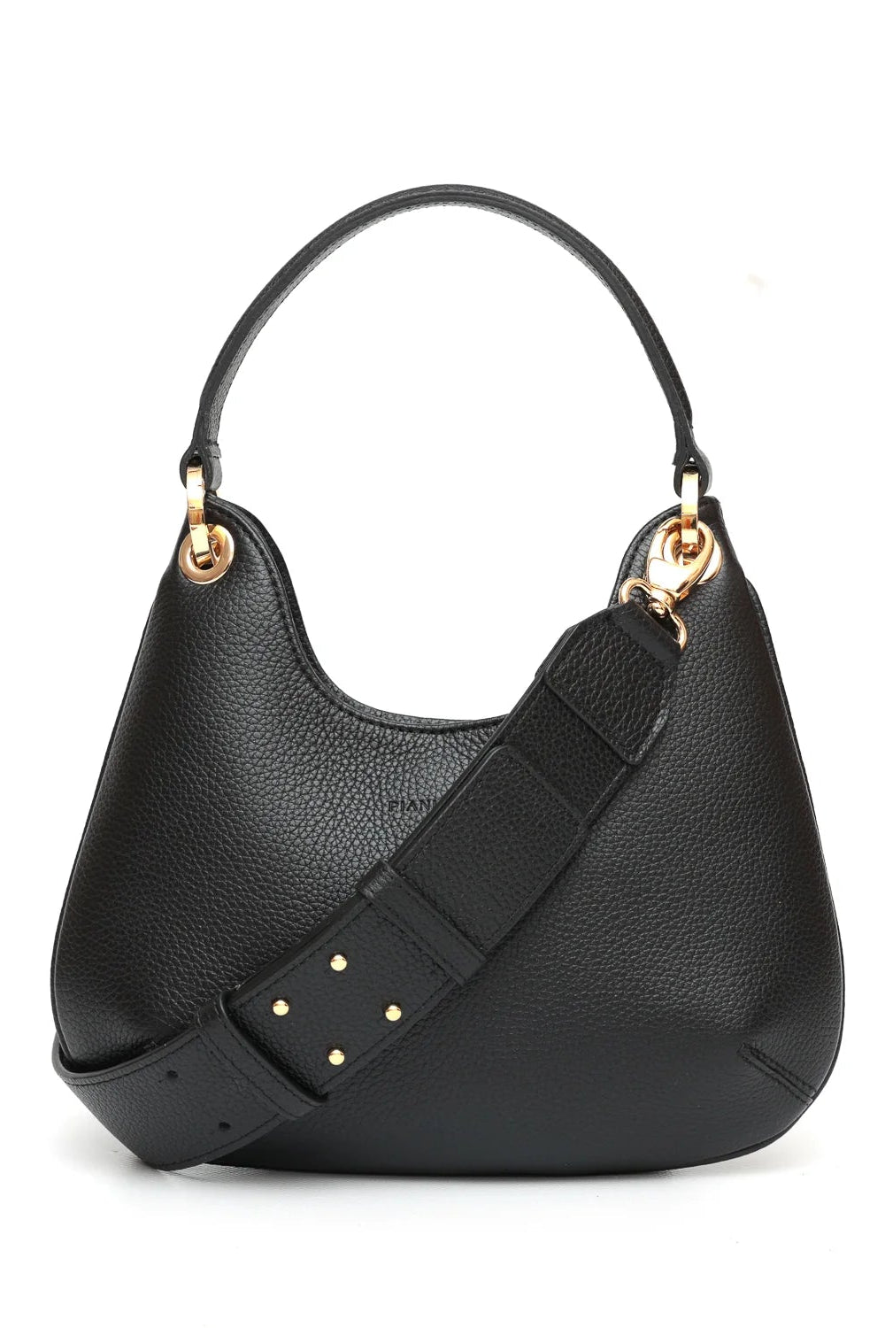 Black handbag with gold accents on a white background