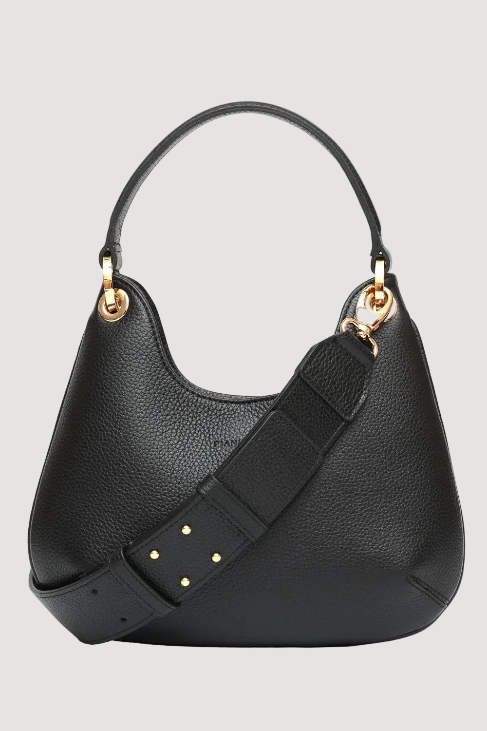 Black handbag with gold accents on a white background
