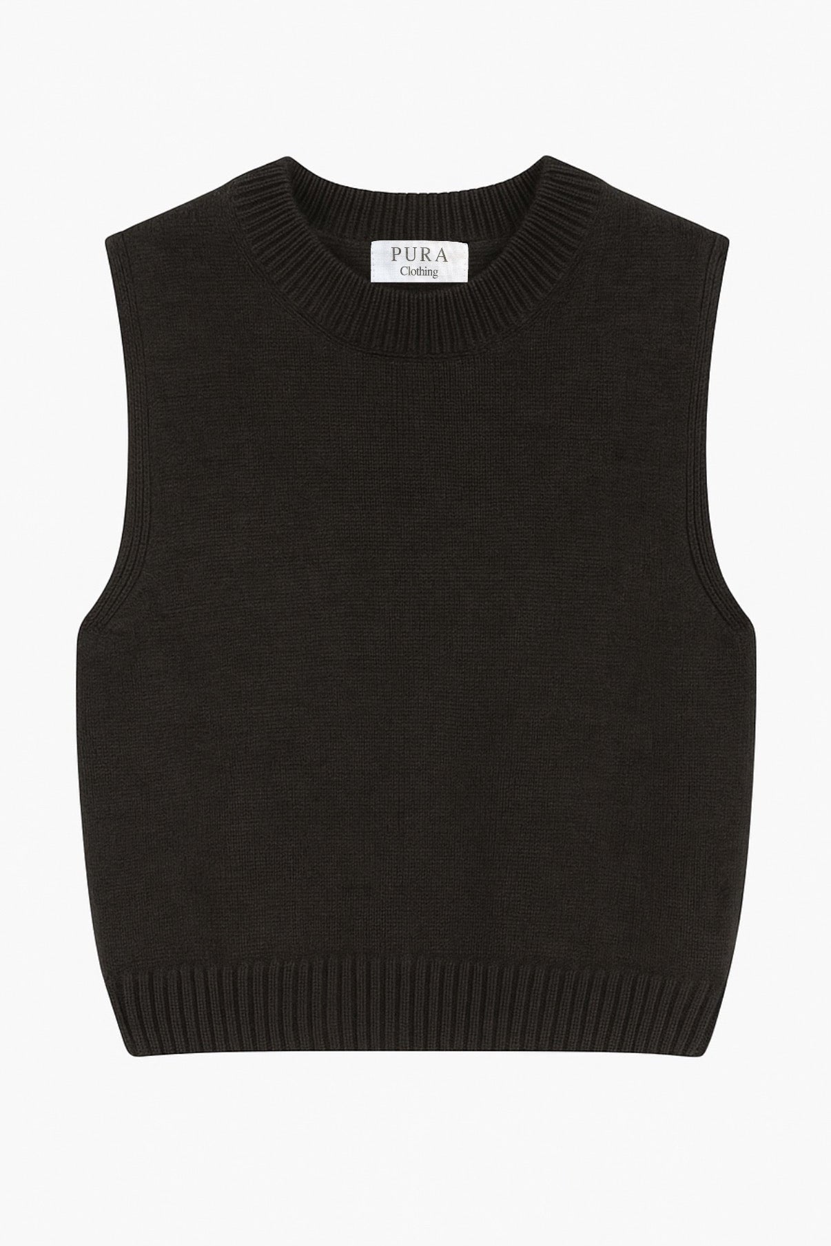 Black sleeveless sweater vest on a white background with 'Pura' label.
