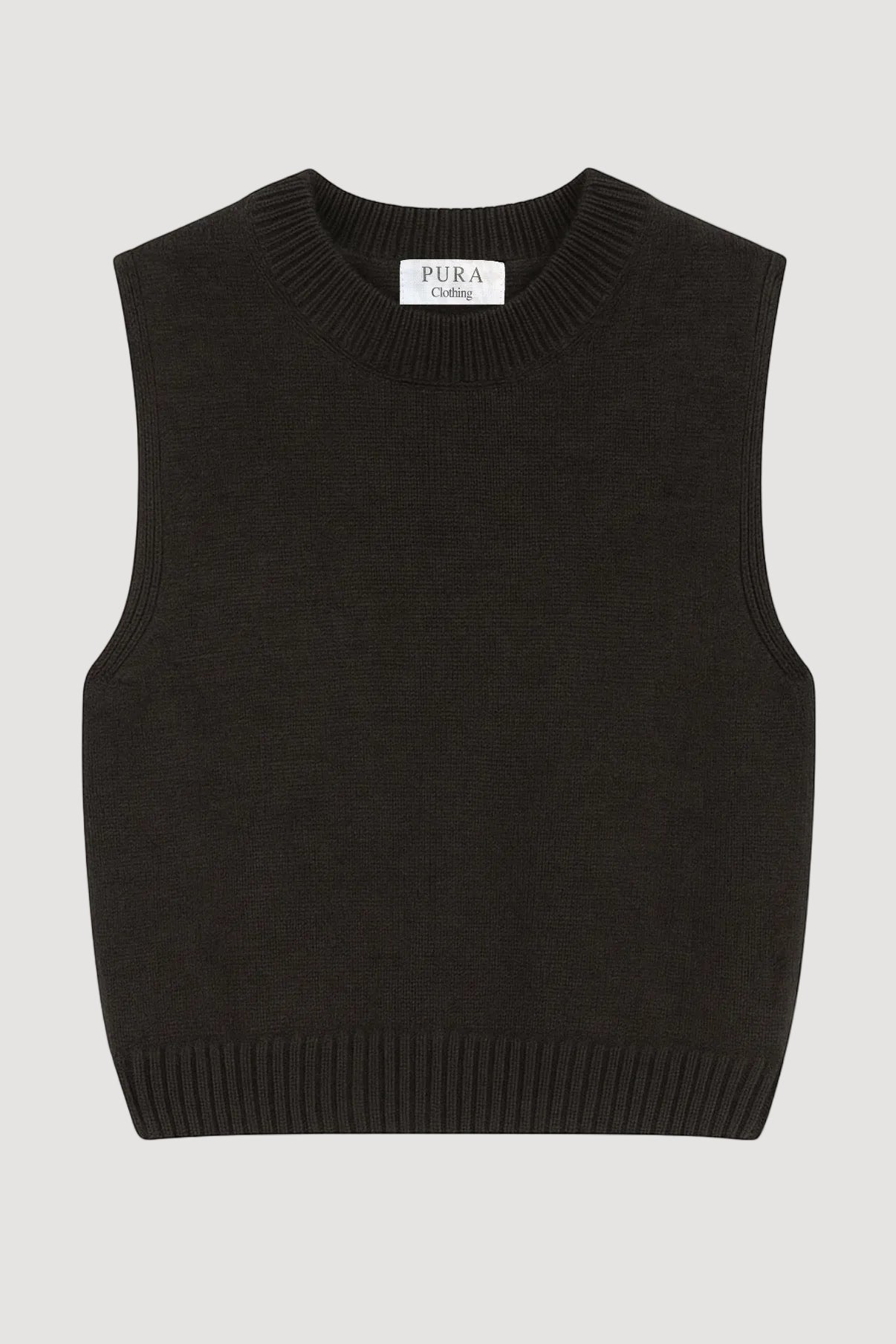 Black sleeveless sweater vest on a white background with 'Pura' label.