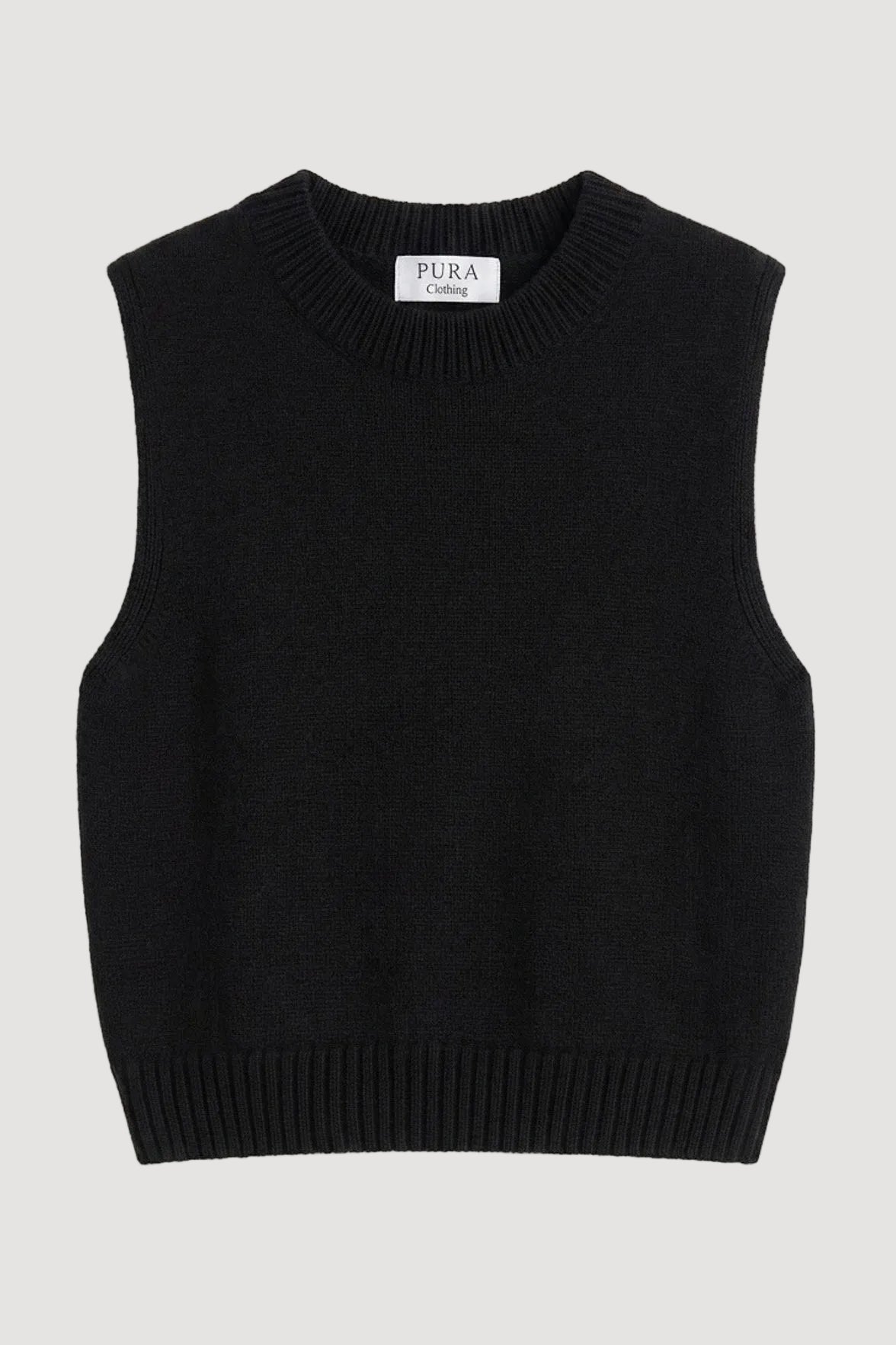 Black sweater vest on a white background with 'Pura' label.