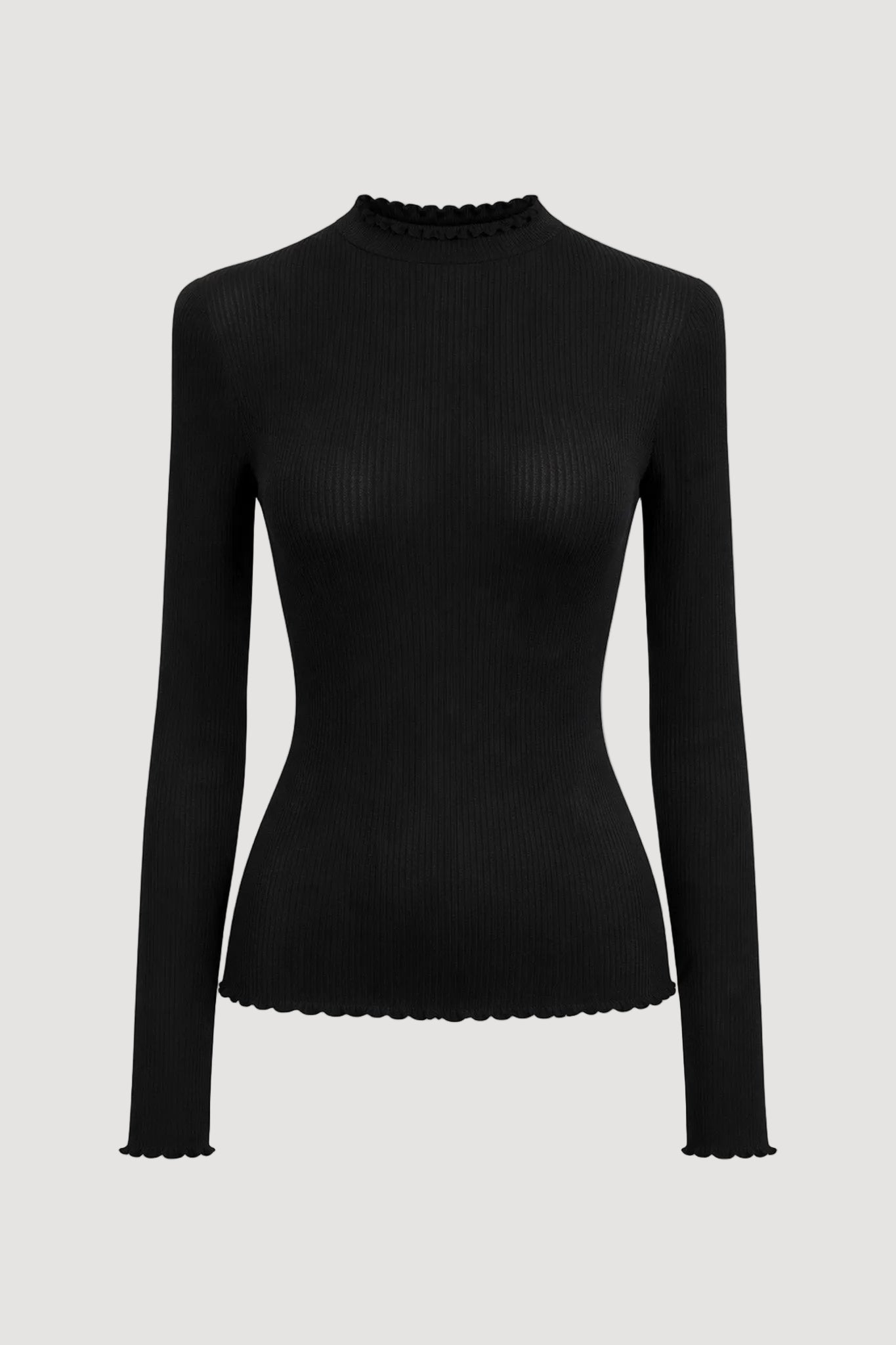 Black long-sleeve top with ruffled neckline on a white background