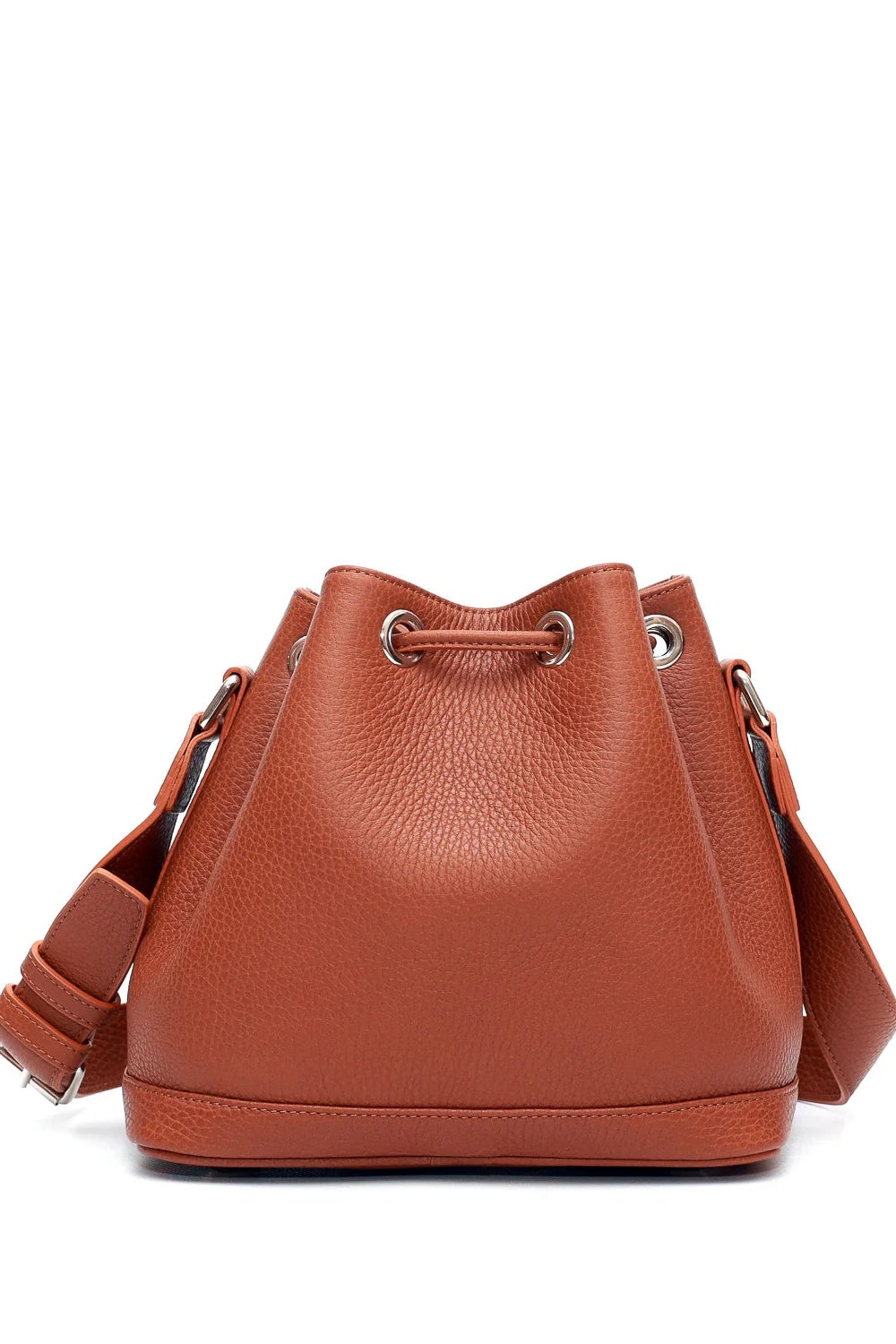 Brown leather bucket bag on a white background