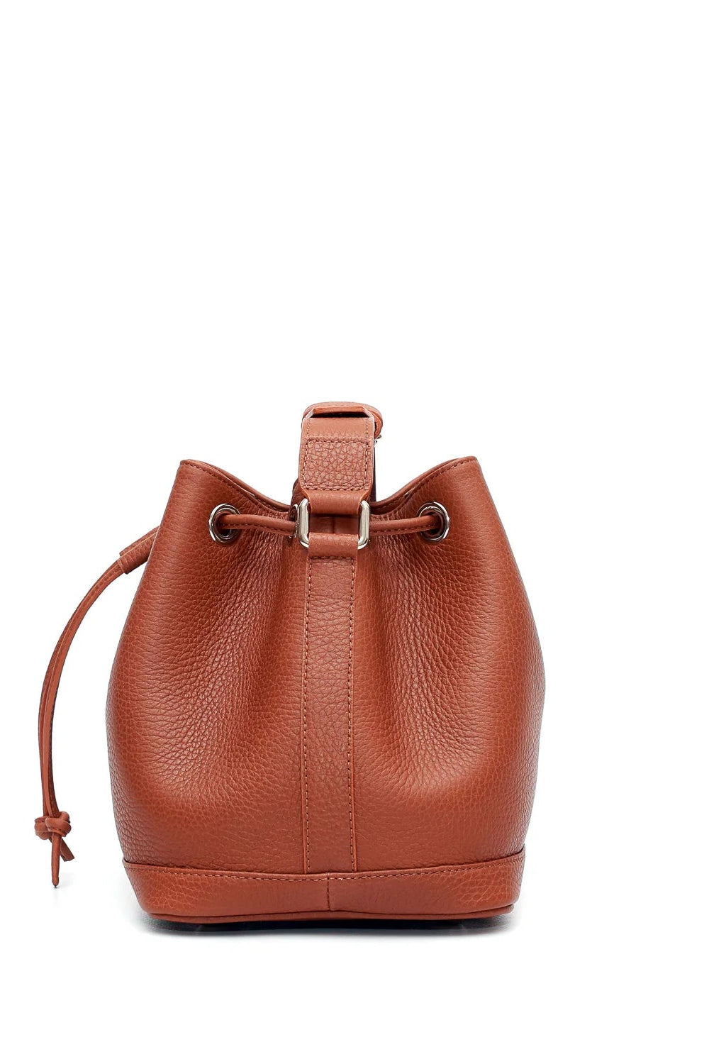 Brown leather bucket bag on a white background