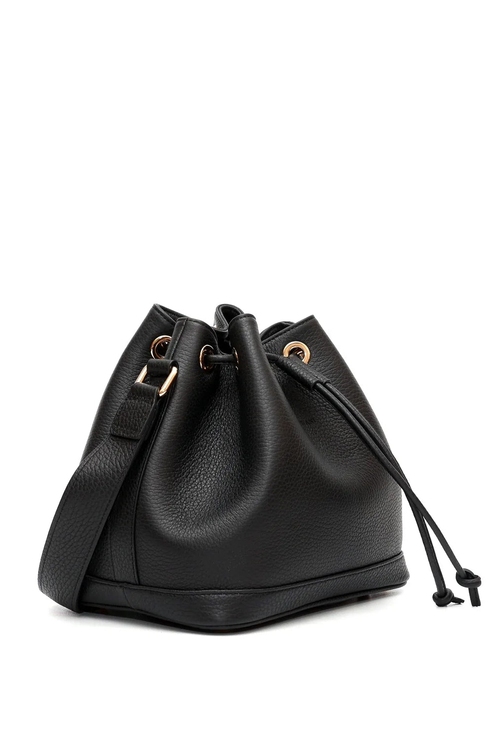 Black leather bucket bag with gold hardware on a white background