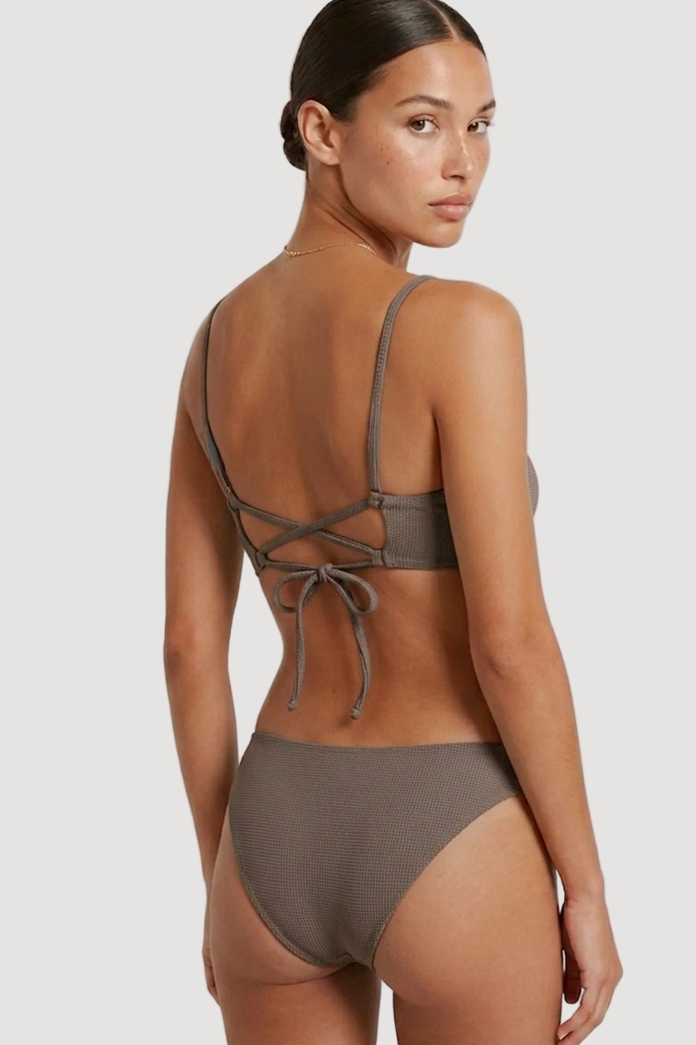 PURA Ethical sustainable wannaka swimsuit waffle recycled fabric brown back