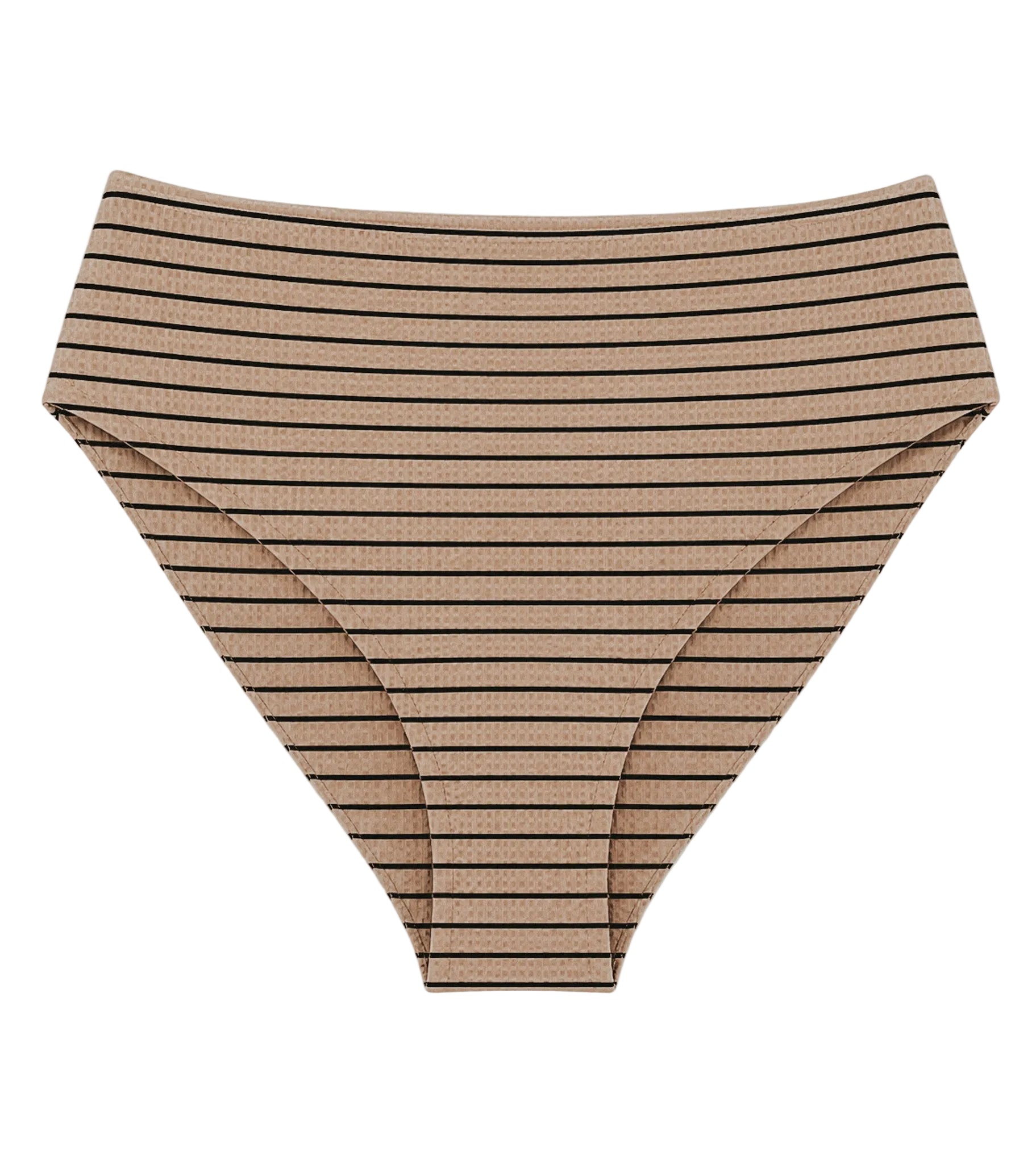 A pair of women's bikini bottoms featuring a fine horizontal stripe pattern in brown and black, laid flat against a light gray background.