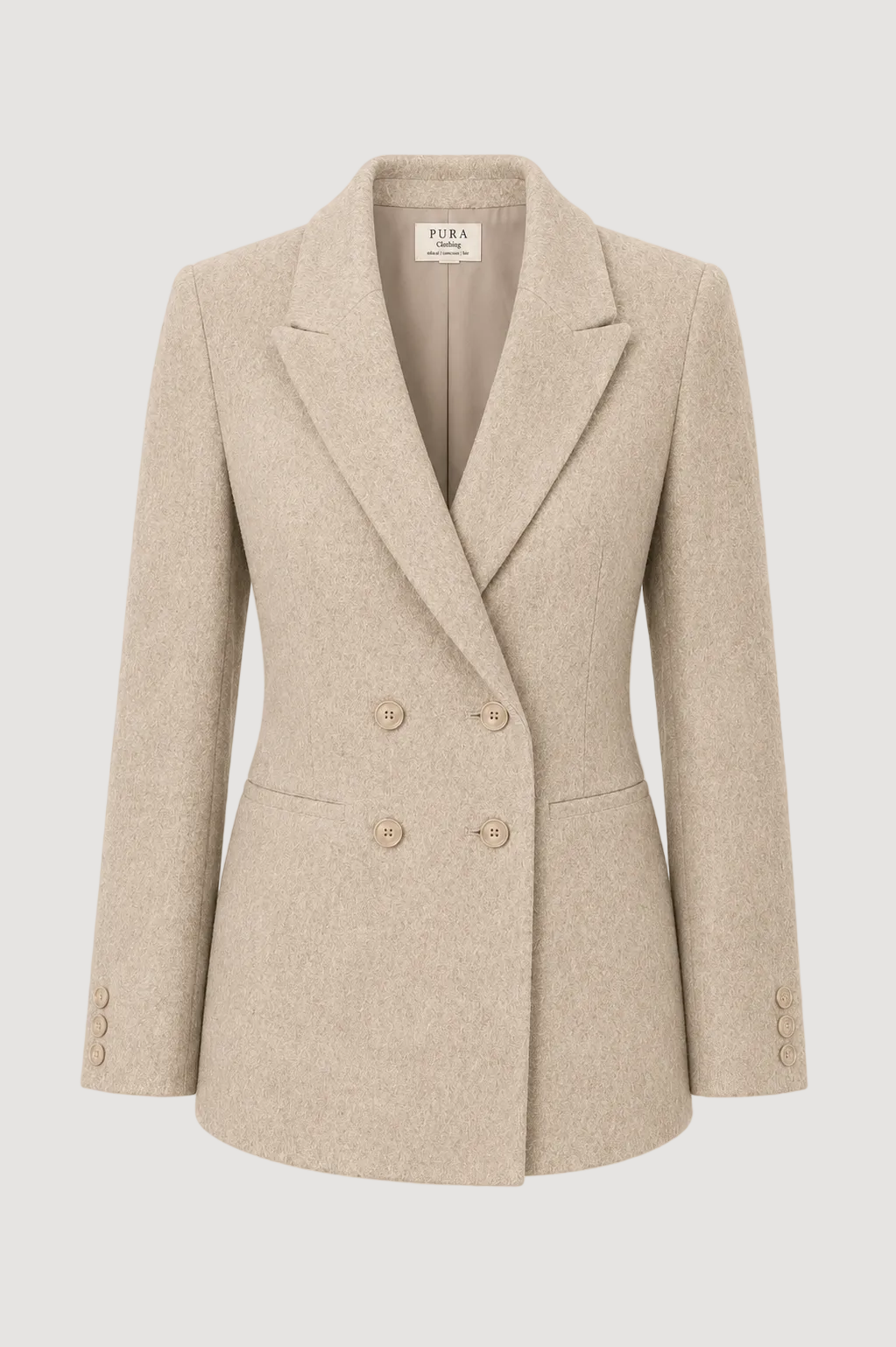 A light beige double-breasted blazer with notched lapels and four buttons, shown on a neutral cream background.