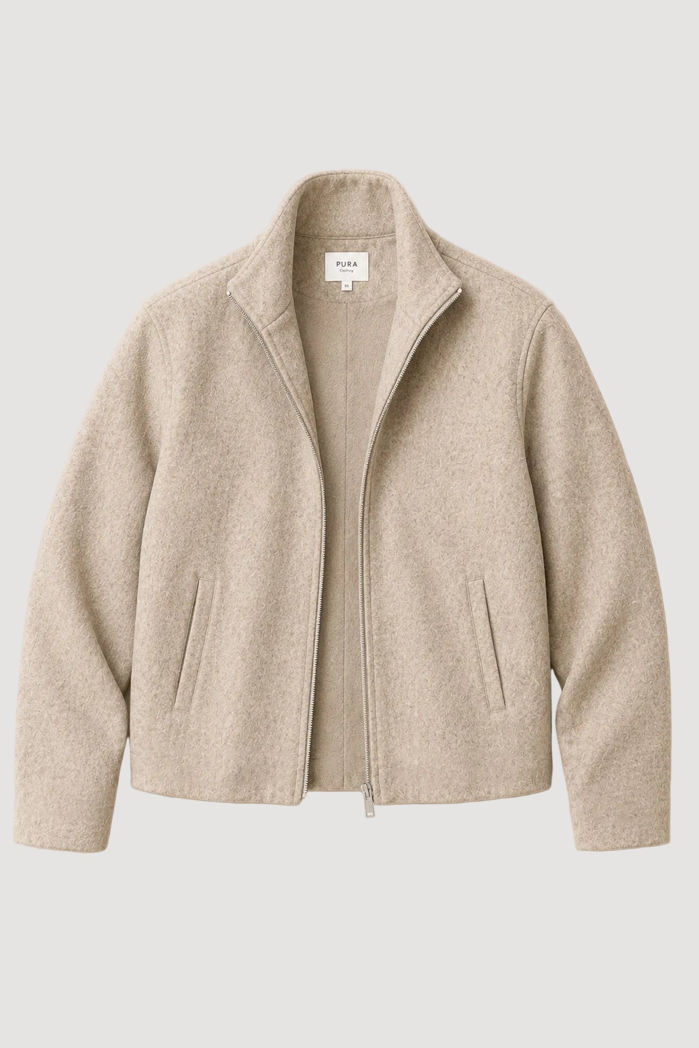 A light beige heathered zip-up jacket with a stand collar and side pockets, laid flat against a solid beige background.