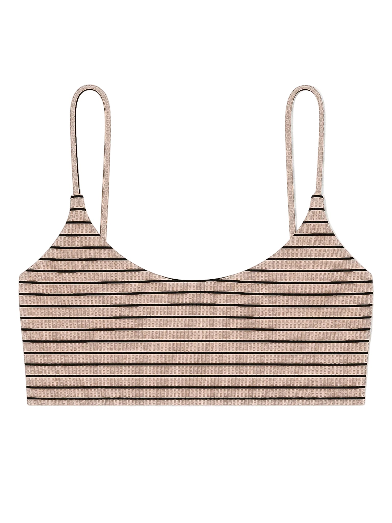 A cropped SWIM bralette with thin horizontal stripes in beige and black, featuring thin shoulder straps, shown against a plain white background.