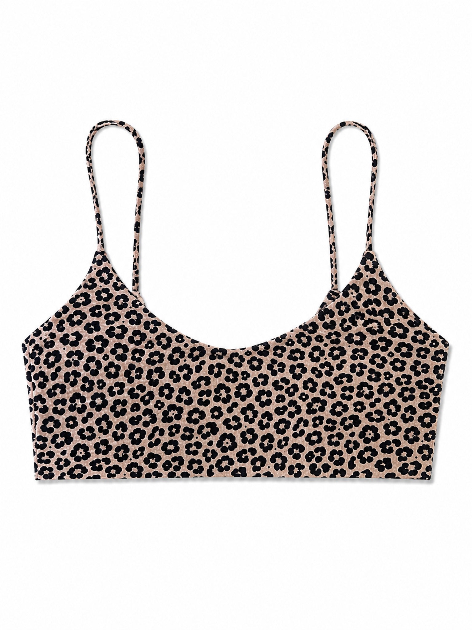 A leopard print bralette with thin shoulder straps, featuring a black and brown animal pattern on a beige background, shown flat against a white background.