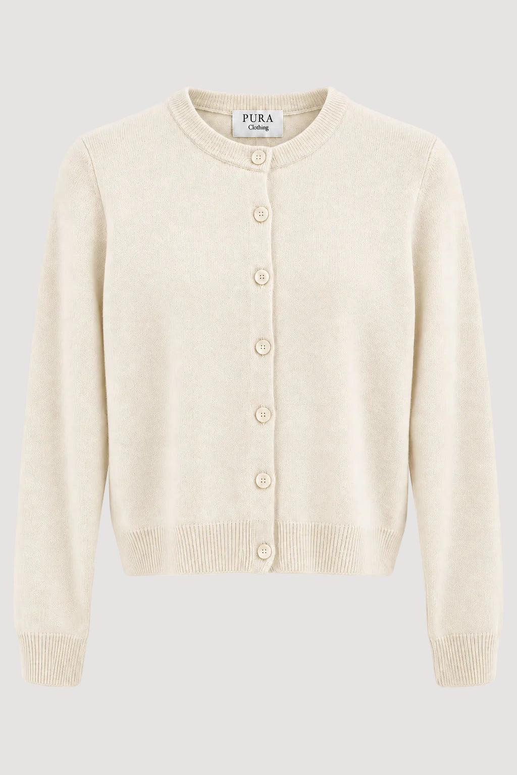 A cream-colored knit cardigan sweater with a button-up front, ribbed collar, cuffs, and hem, shown on a plain white background.