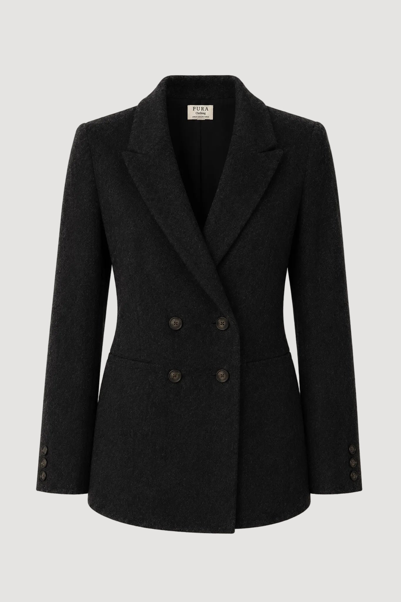 A black double-breasted blazer with notched lapels and dark buttons, shown on a clean off-white background.