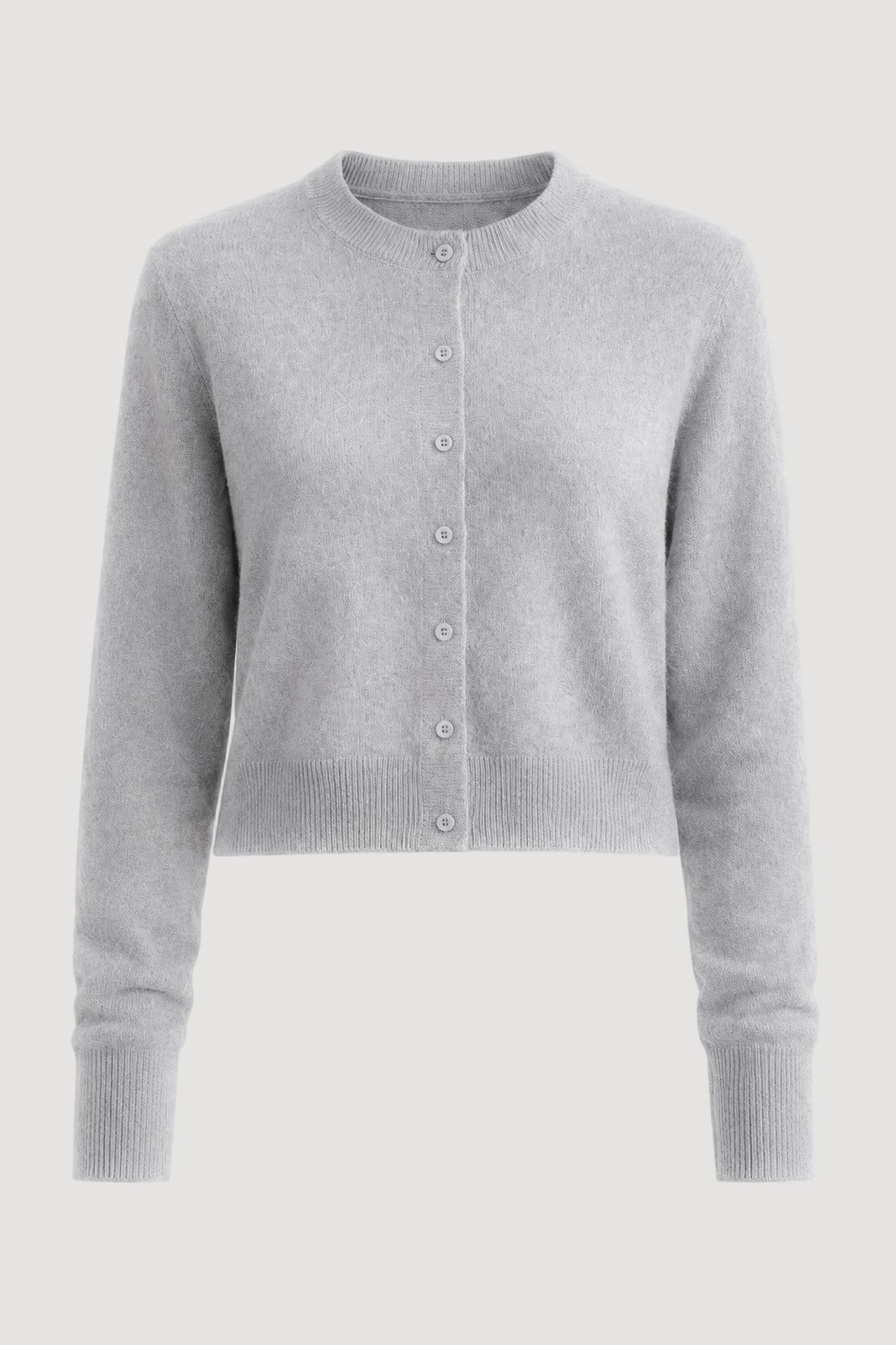 A light gray cropped cardigan sweater with a button-up front, ribbed collar, cuffs, and hem, shown on a plain white background.