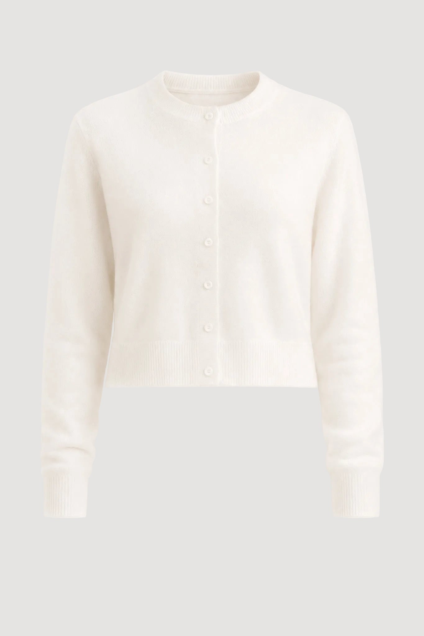 An off-white cropped cardigan sweater with a round neckline, button-up front, and ribbed cuffs and hem, shown on a plain white background.
