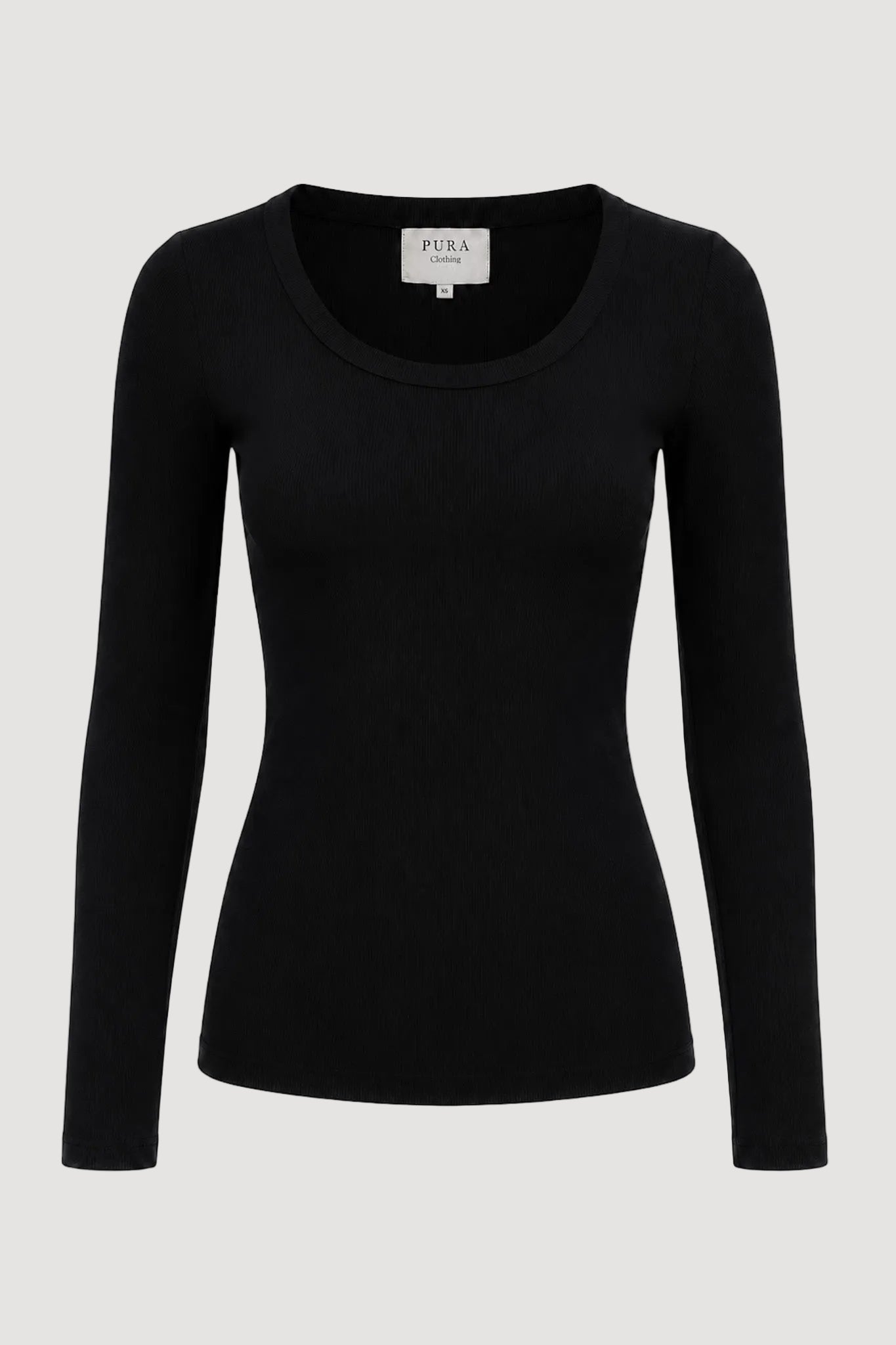 A black long-sleeve crewneck top by Pura London, shown on a clean white background.