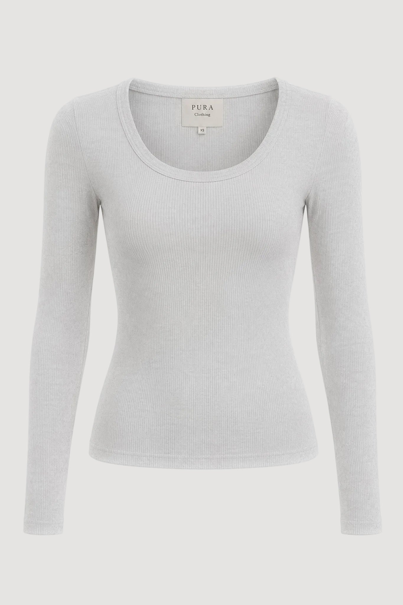 A light gray ribbed long-sleeve scoop-neck top by pura clothing, shown on a plain white background.