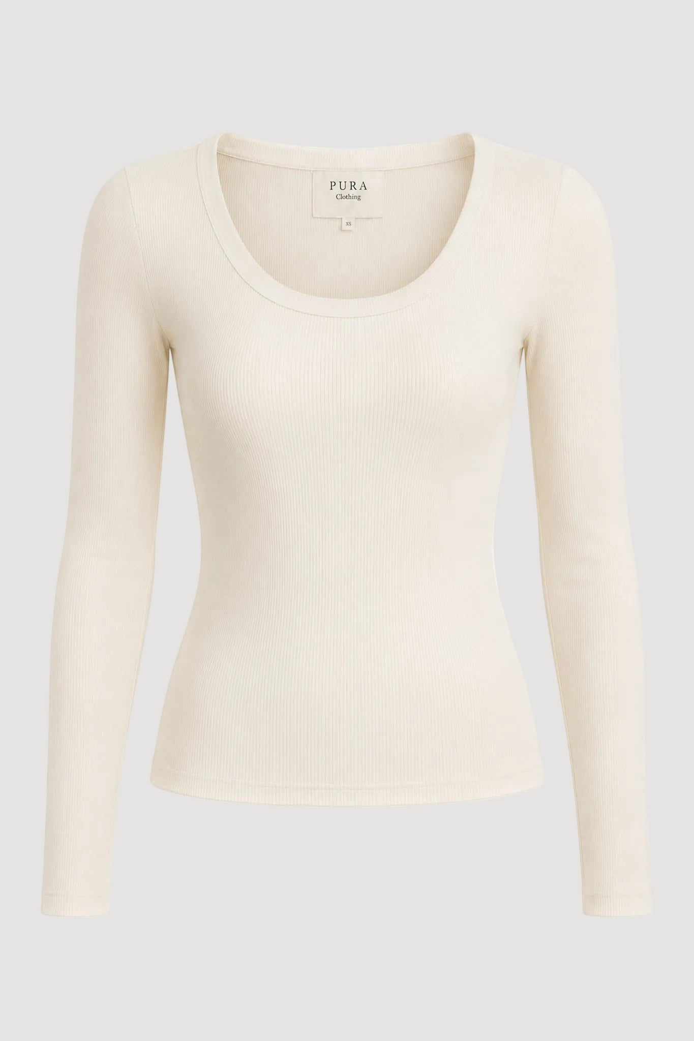 An off-white long-sleeve scoop-neck ribbed knit top by Pura clothing, shown on a plain white background.