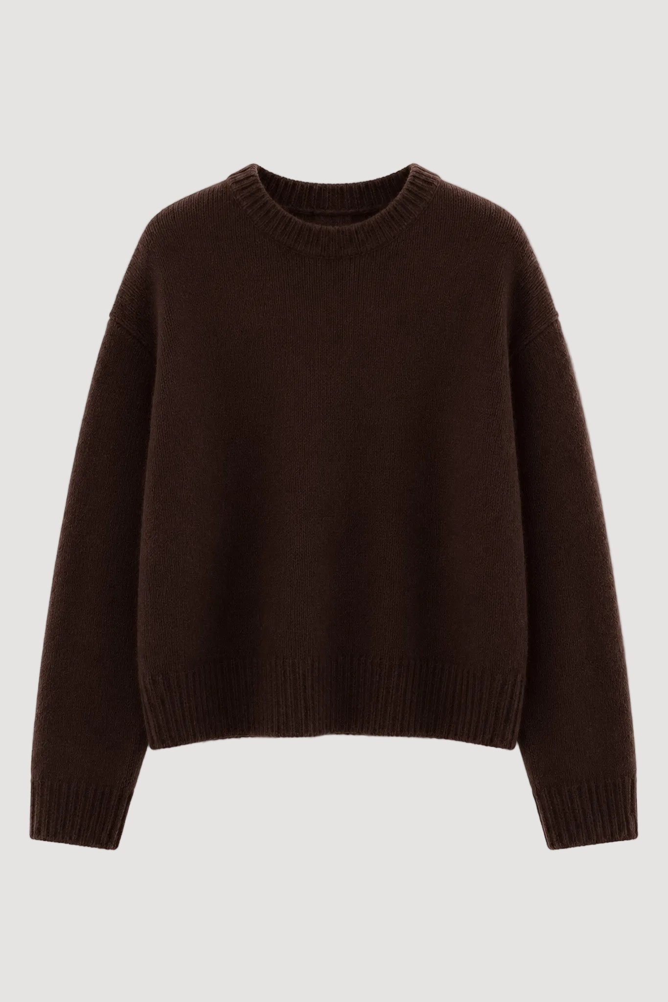 A dark brown knit crewneck sweater with long sleeves and ribbed cuffs and hem, displayed on a clean white background.