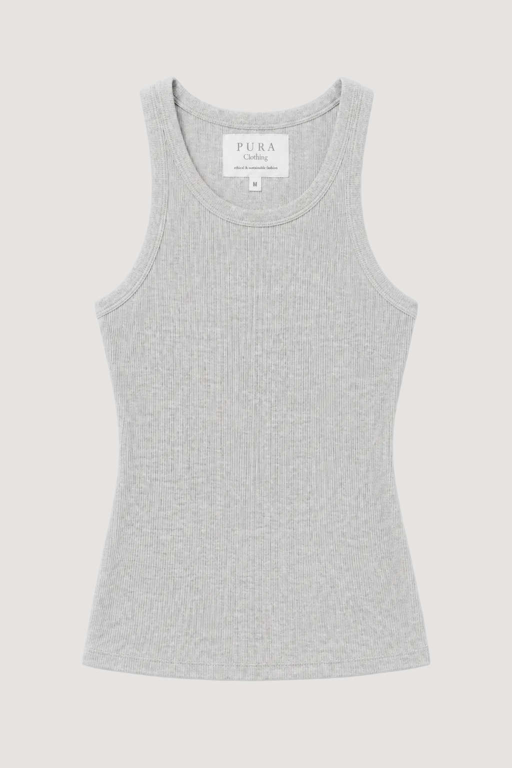 A light gray ribbed knit sleeveless tank top with a scoop neck, displayed flat against a light gray background. The brand label 'PURA Clothing' is visible inside the collar.