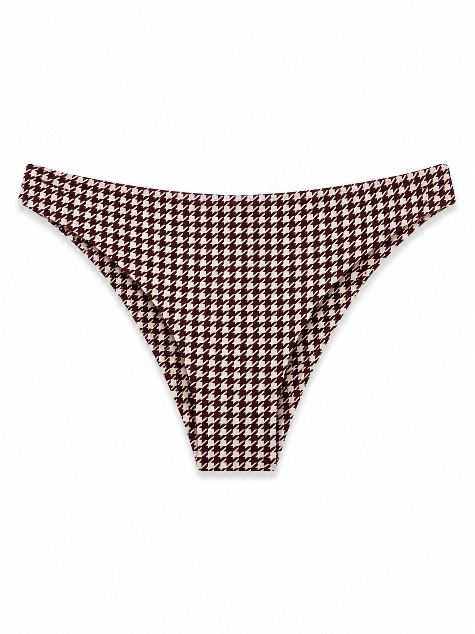 A pair of women's bikini bottoms featuring a classic houndstooth pattern in burgundy and off-white, presented flat against a solid white background.