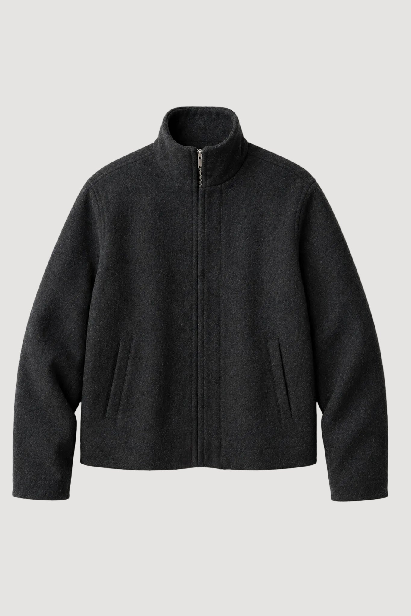 A dark charcoal gray zip-up fleece jacket with a stand collar, displayed flat against a light beige background.