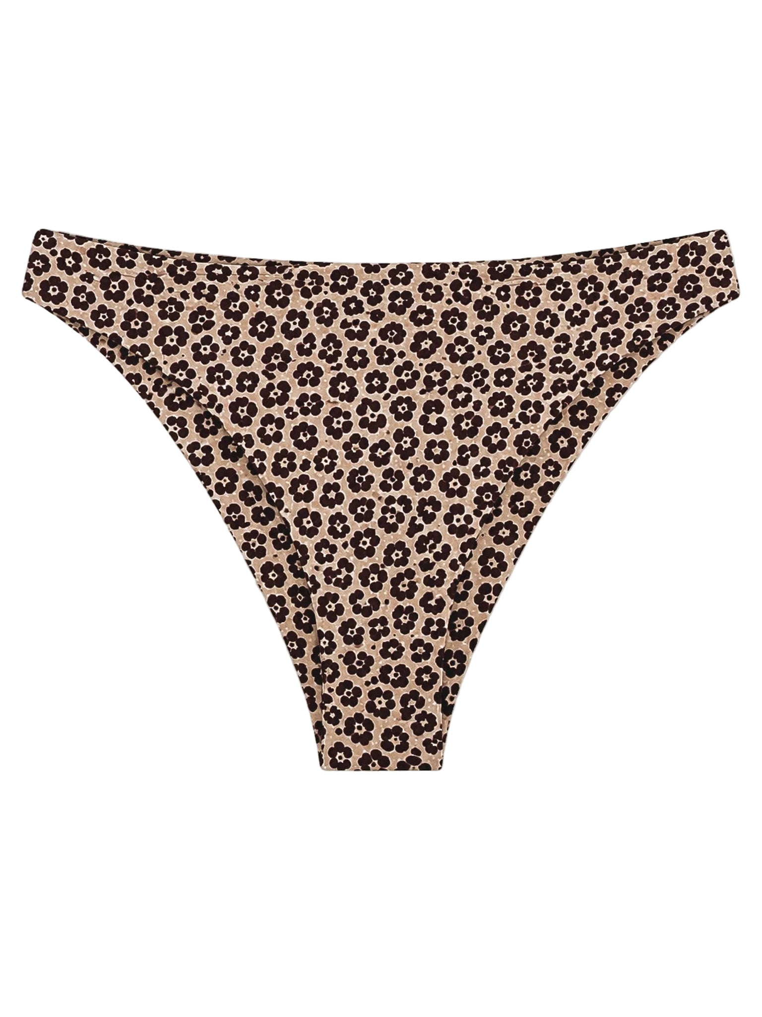 A pair of women's bikini bottoms featuring an all-over small floral leopard print in black on a warm beige background, laid flat against a clean white background.