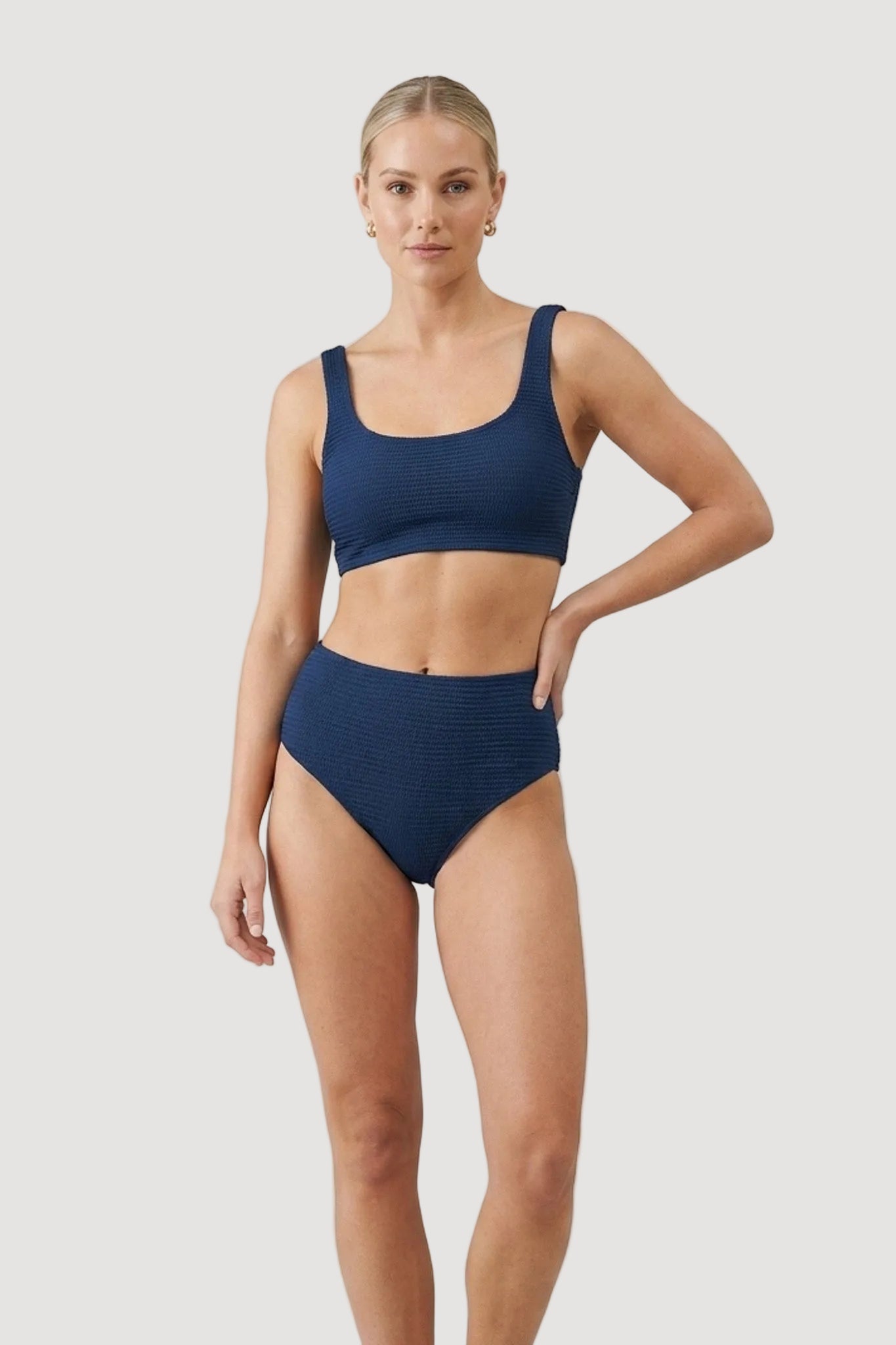 Ethical sustainable liia swimsuit waffle recycled fabric navy front