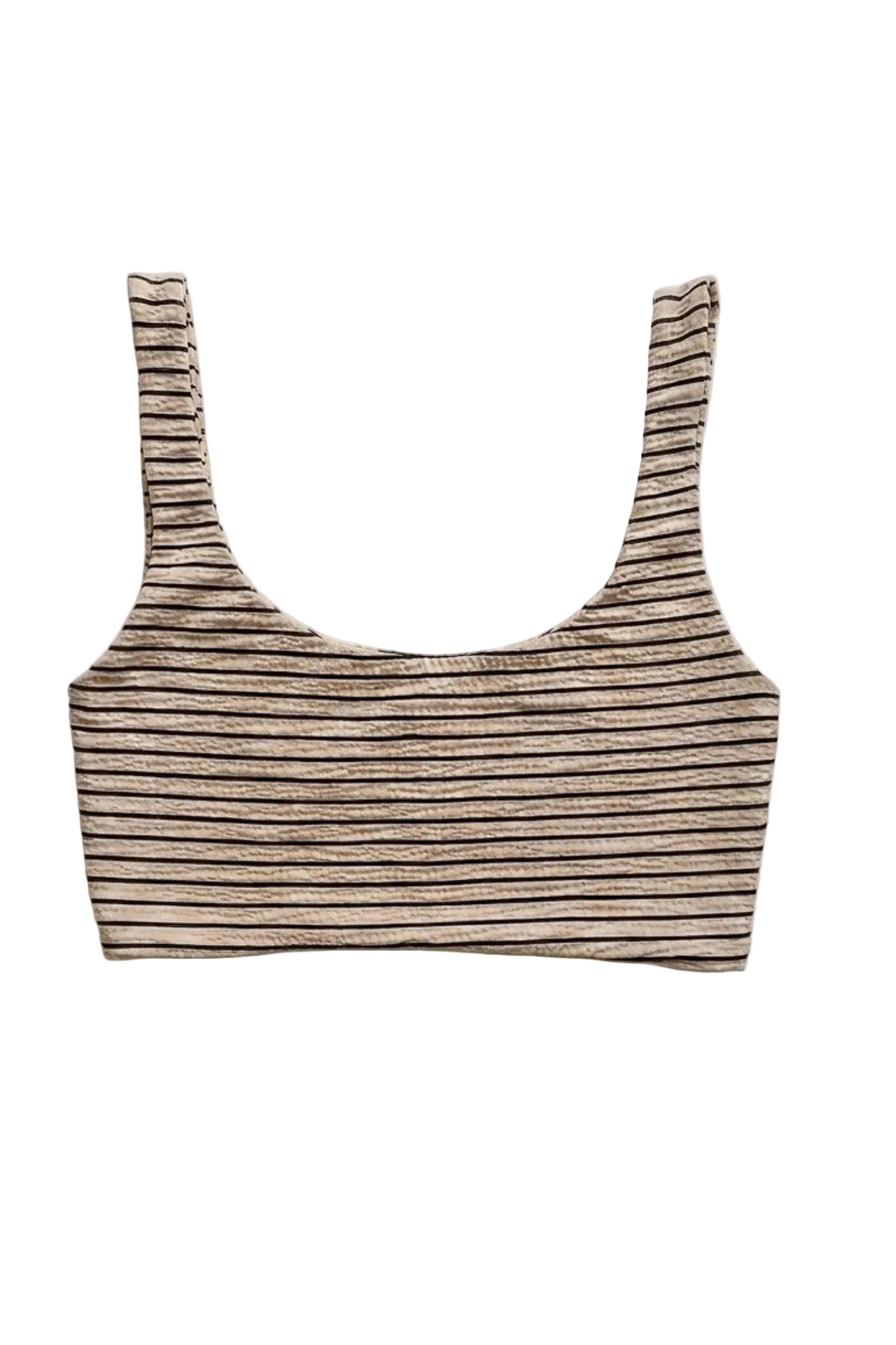 A cropped knit top with thin horizontal stripes in brown and beige, featuring wide shoulder straps and a scoop neckline, laid flat against a light gray background.