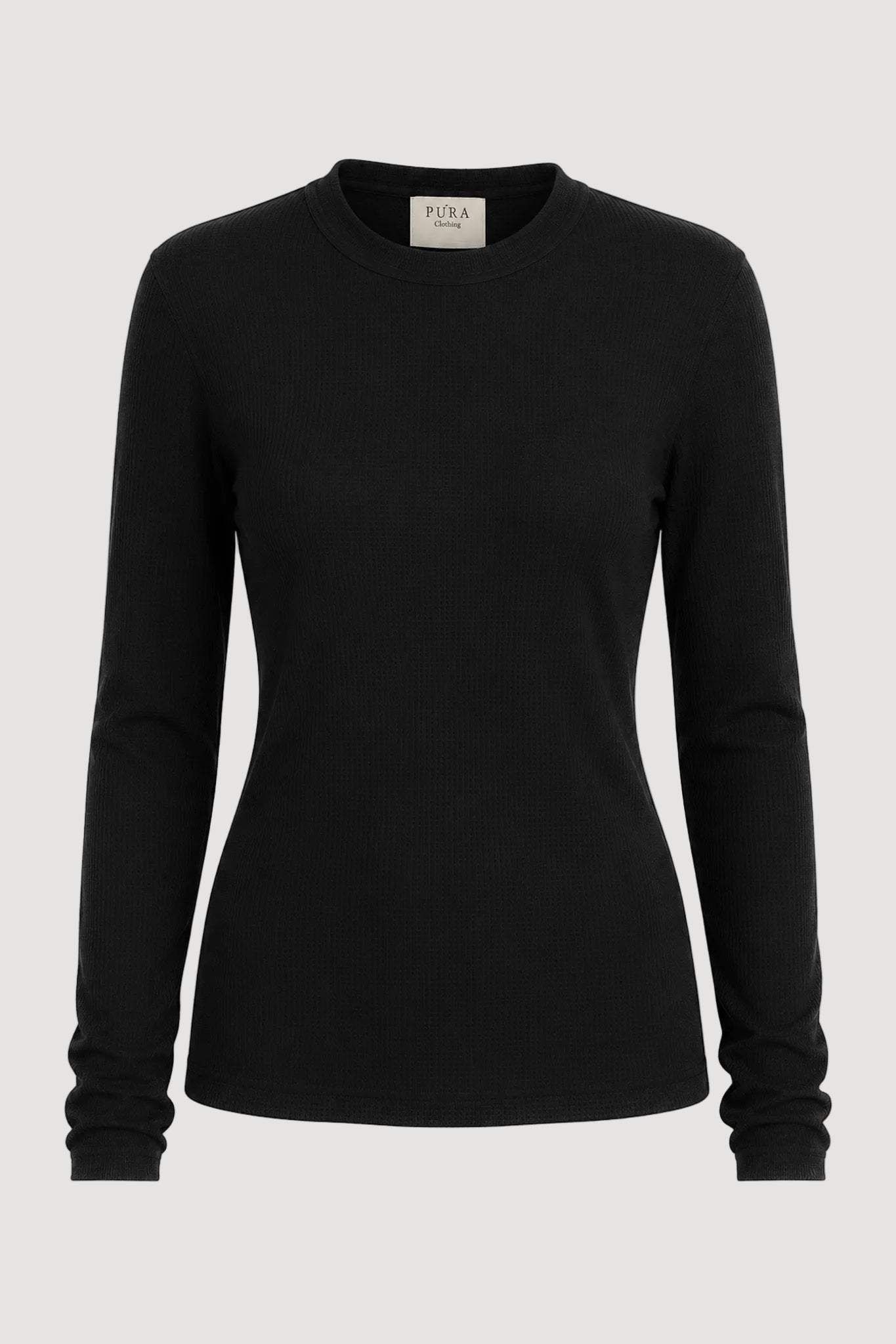 A black long-sleeve crewneck knit top by PURA, displayed on a ghost mannequin against a plain white background.