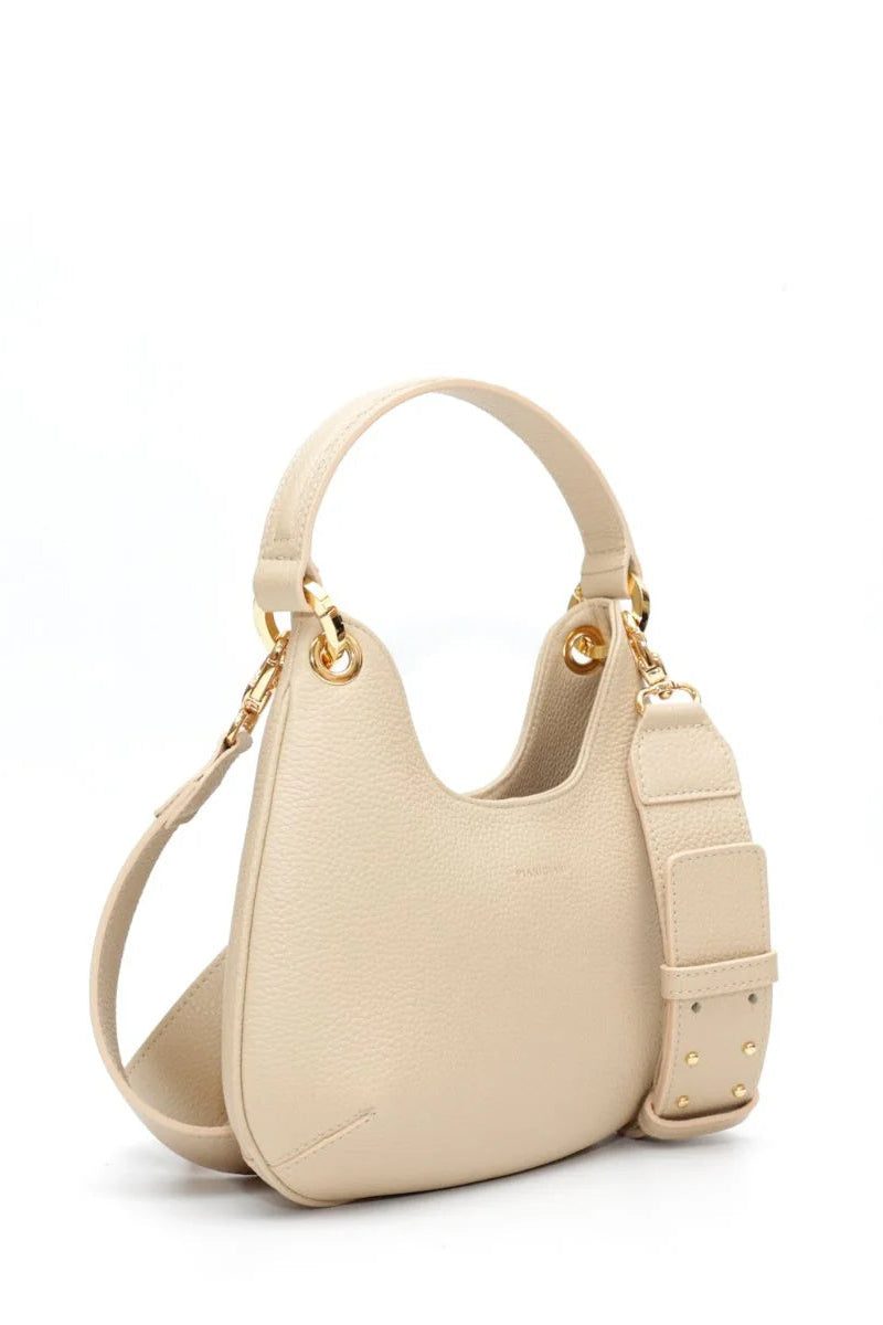 Beige handbag with gold accents on a white background